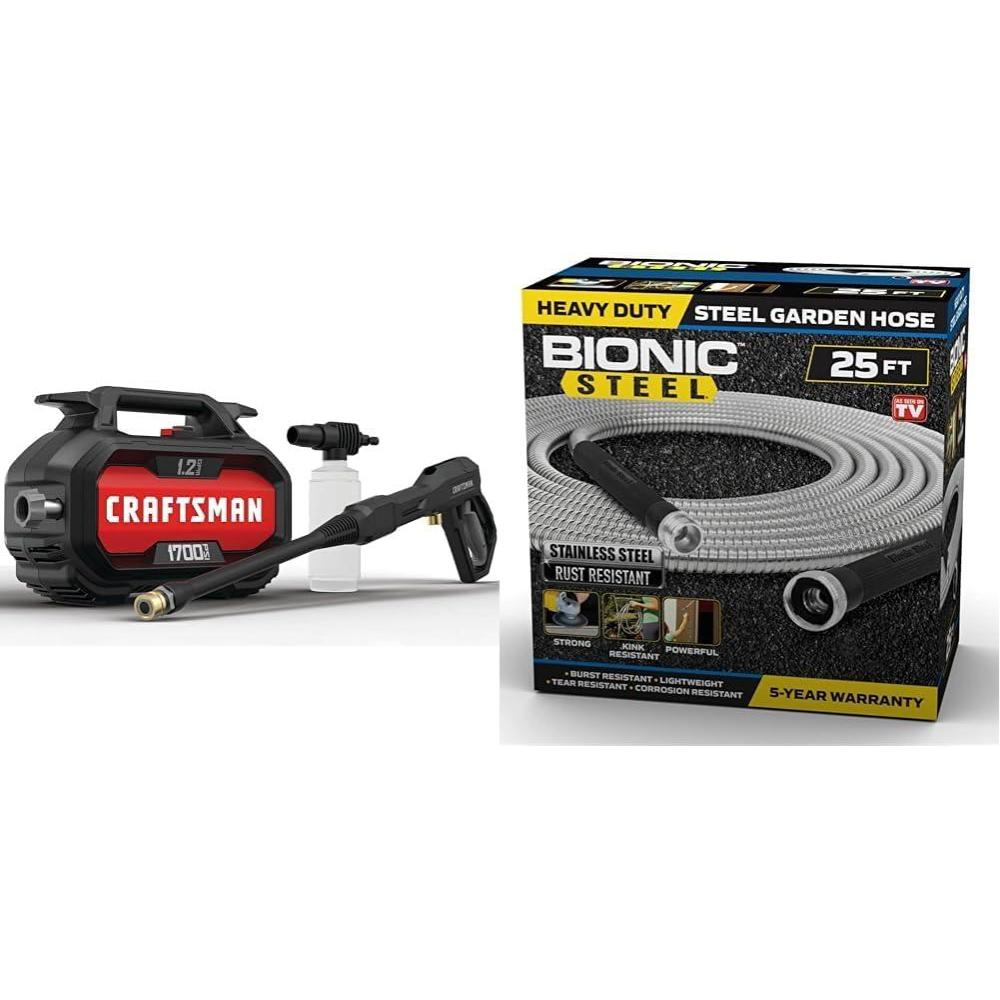 imageCRAFTSMAN 1700PSI Electric Pressure Washer Bundle with Bionic Steel 25 FT Garden Hose with Nozzle