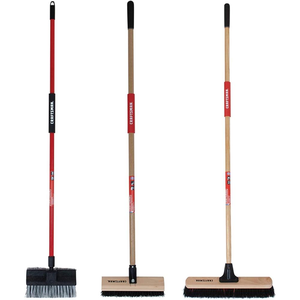 imageCRAFTSMAN CMXMKIT0080 3Piece Heavy Duty Cleaning Tool Set with 10 inAllSurface Wash12 in Scrubbing Deck Brush amp 18 in Push Broom Brown3Piece Seasonal CleanUp Pack