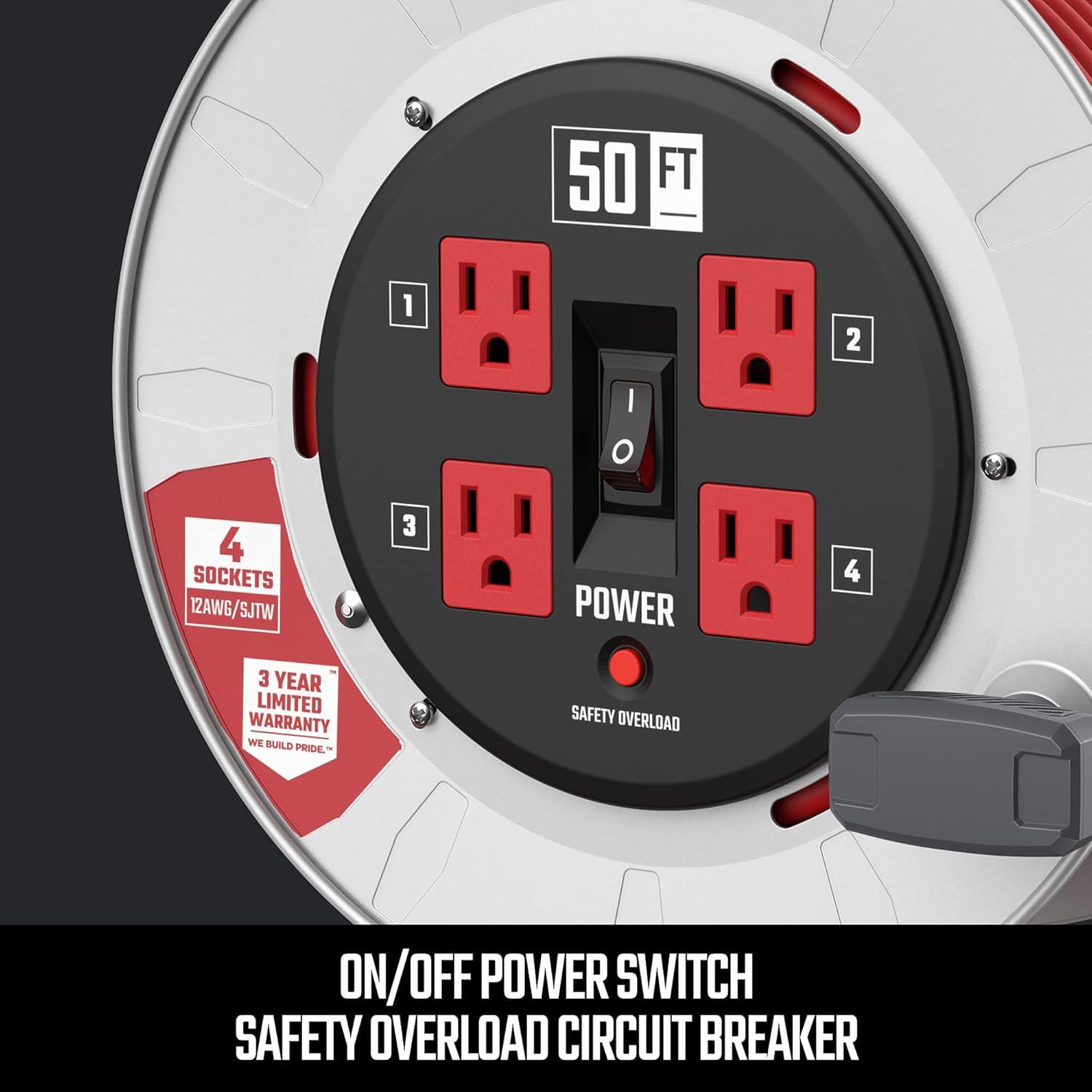 imageCRAFTSMAN 75 Ft Contractor Retractable Extension Cord Reel with 4 Grounded Outlets HeavyDuty Steel Drum 12AWG SJTW Cable CSA Certified50 ft