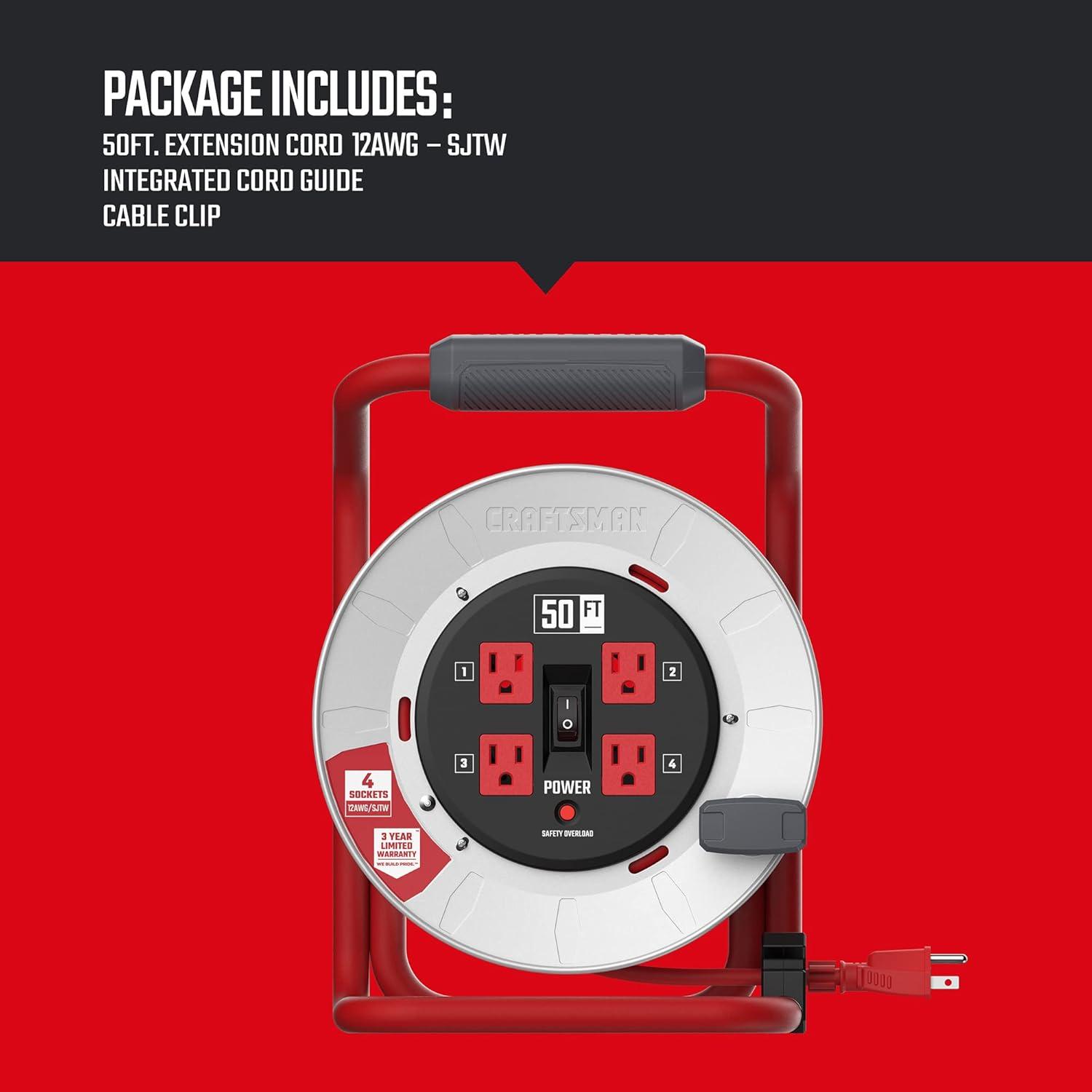 imageCRAFTSMAN 75 Ft Contractor Retractable Extension Cord Reel with 4 Grounded Outlets HeavyDuty Steel Drum 12AWG SJTW Cable CSA Certified50 ft