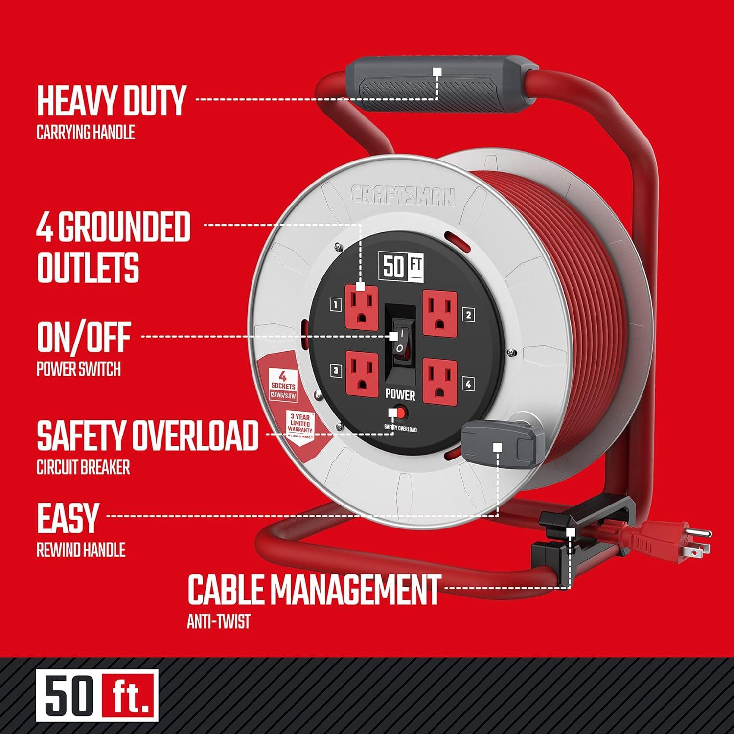 imageCRAFTSMAN 75 Ft Contractor Retractable Extension Cord Reel with 4 Grounded Outlets HeavyDuty Steel Drum 12AWG SJTW Cable CSA Certified50 ft