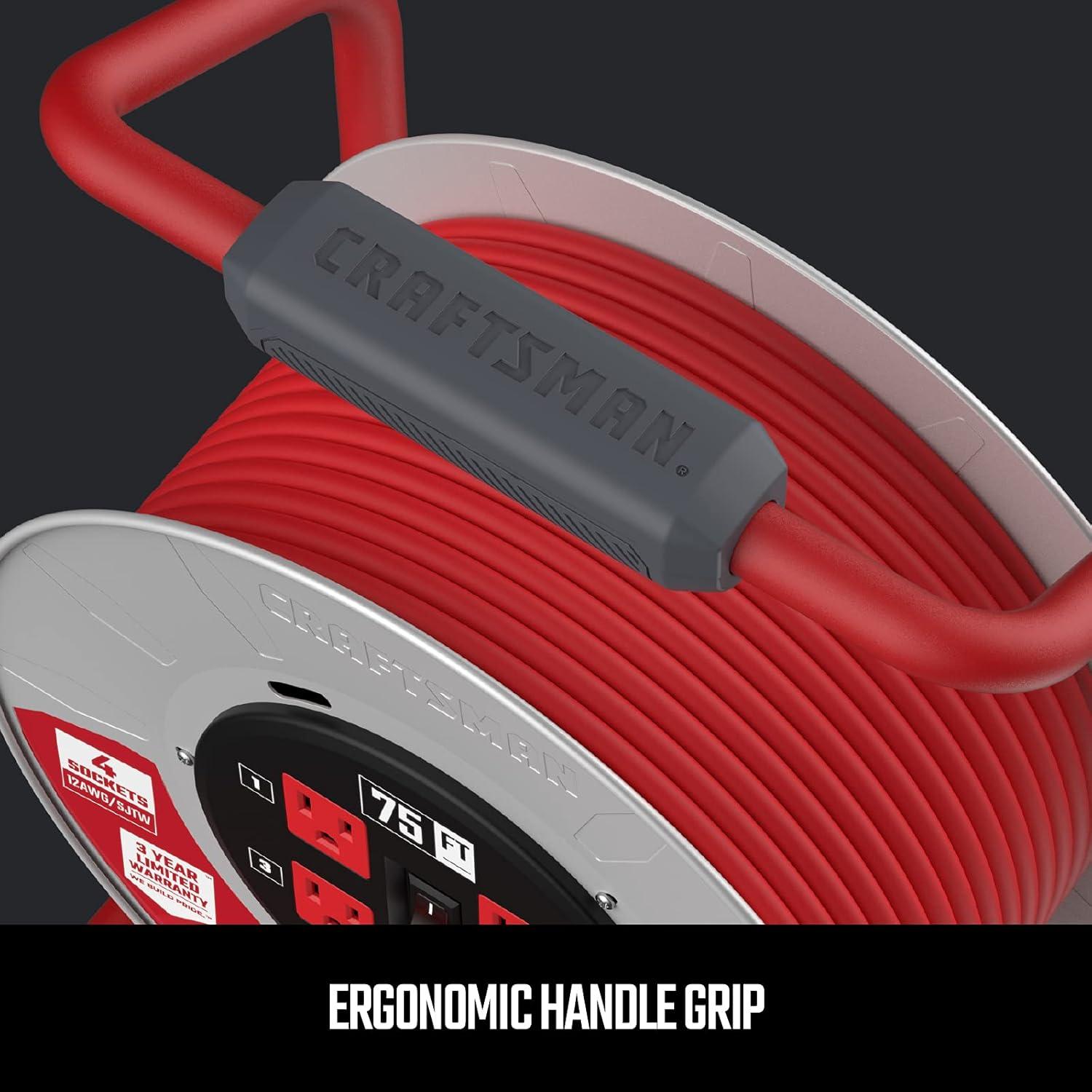 imageCRAFTSMAN 75 Ft Contractor Retractable Extension Cord Reel with 4 Grounded Outlets HeavyDuty Steel Drum 12AWG SJTW Cable CSA Certified75 ft