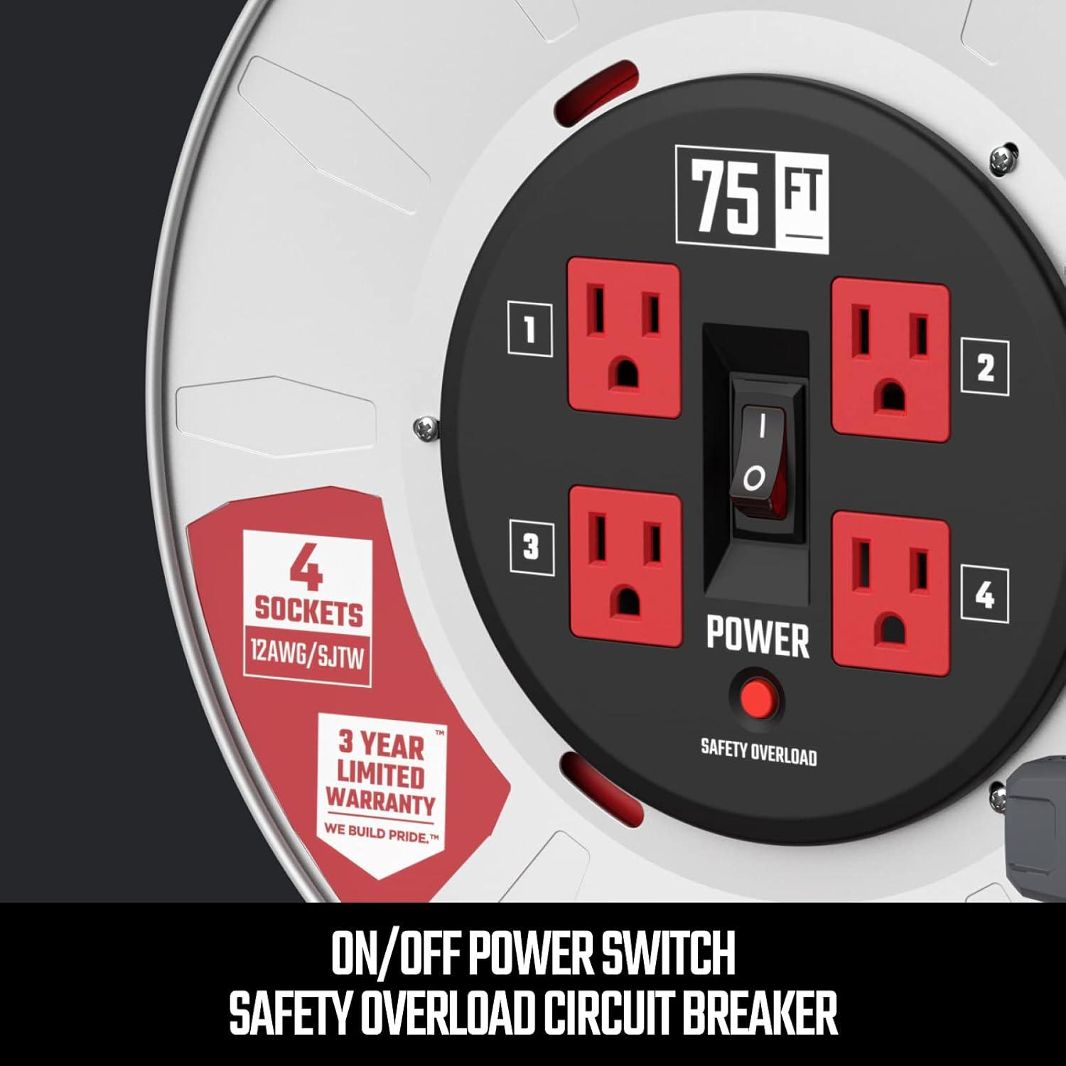 imageCRAFTSMAN 75 Ft Contractor Retractable Extension Cord Reel with 4 Grounded Outlets HeavyDuty Steel Drum 12AWG SJTW Cable CSA Certified75 ft
