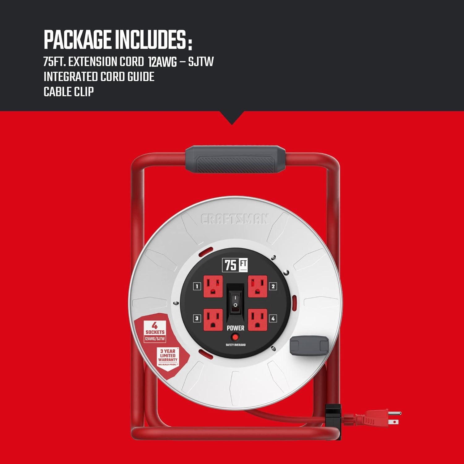 imageCRAFTSMAN 75 Ft Contractor Retractable Extension Cord Reel with 4 Grounded Outlets HeavyDuty Steel Drum 12AWG SJTW Cable CSA Certified75 ft