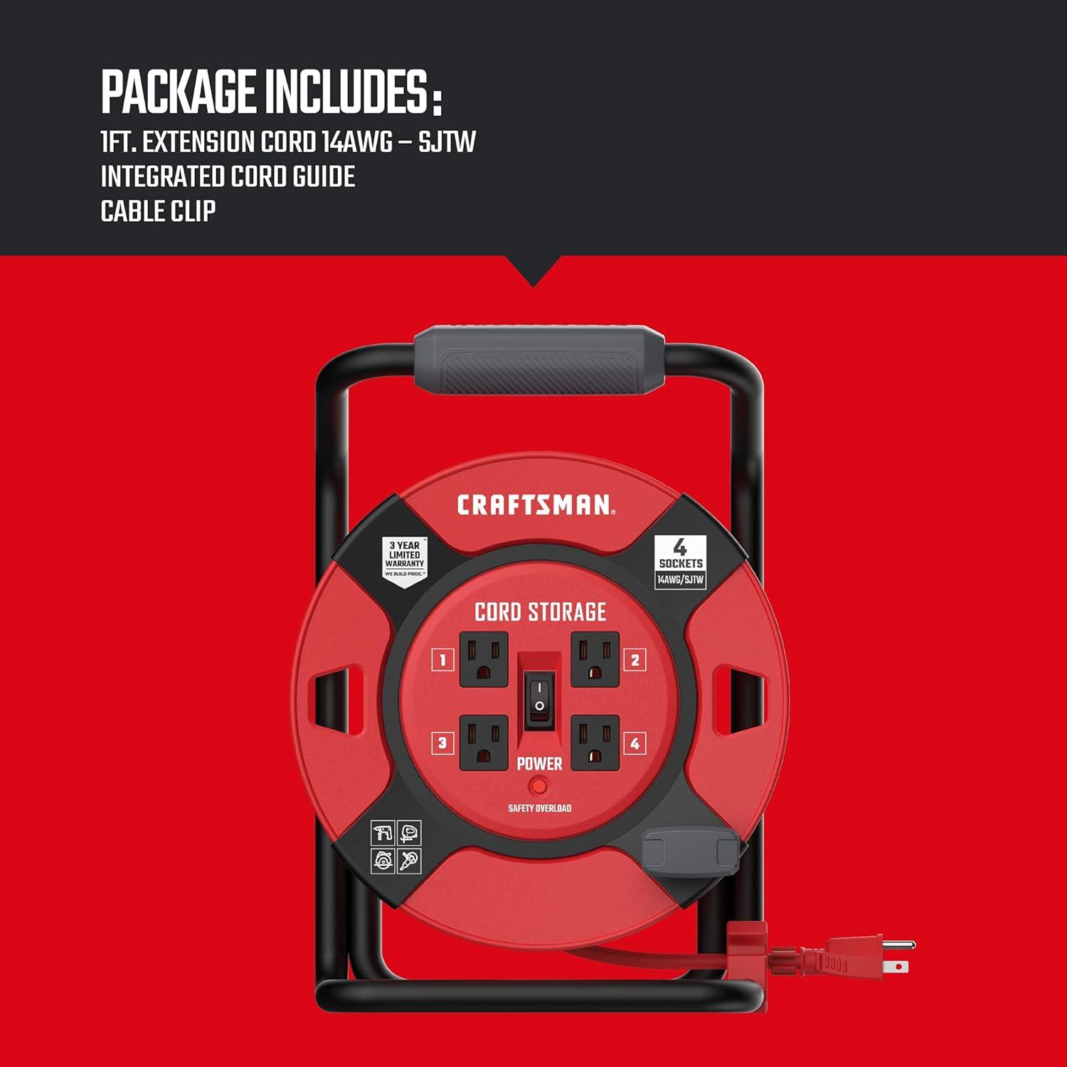 imageCRAFTSMAN 75 Ft Retractable Extension Cord Reel with 4 Outlets OnOff Switch Light Indicator amp HeavyDuty 14AWG SJTW Cable CSA Certified Outdoor Cord Reel1 ft