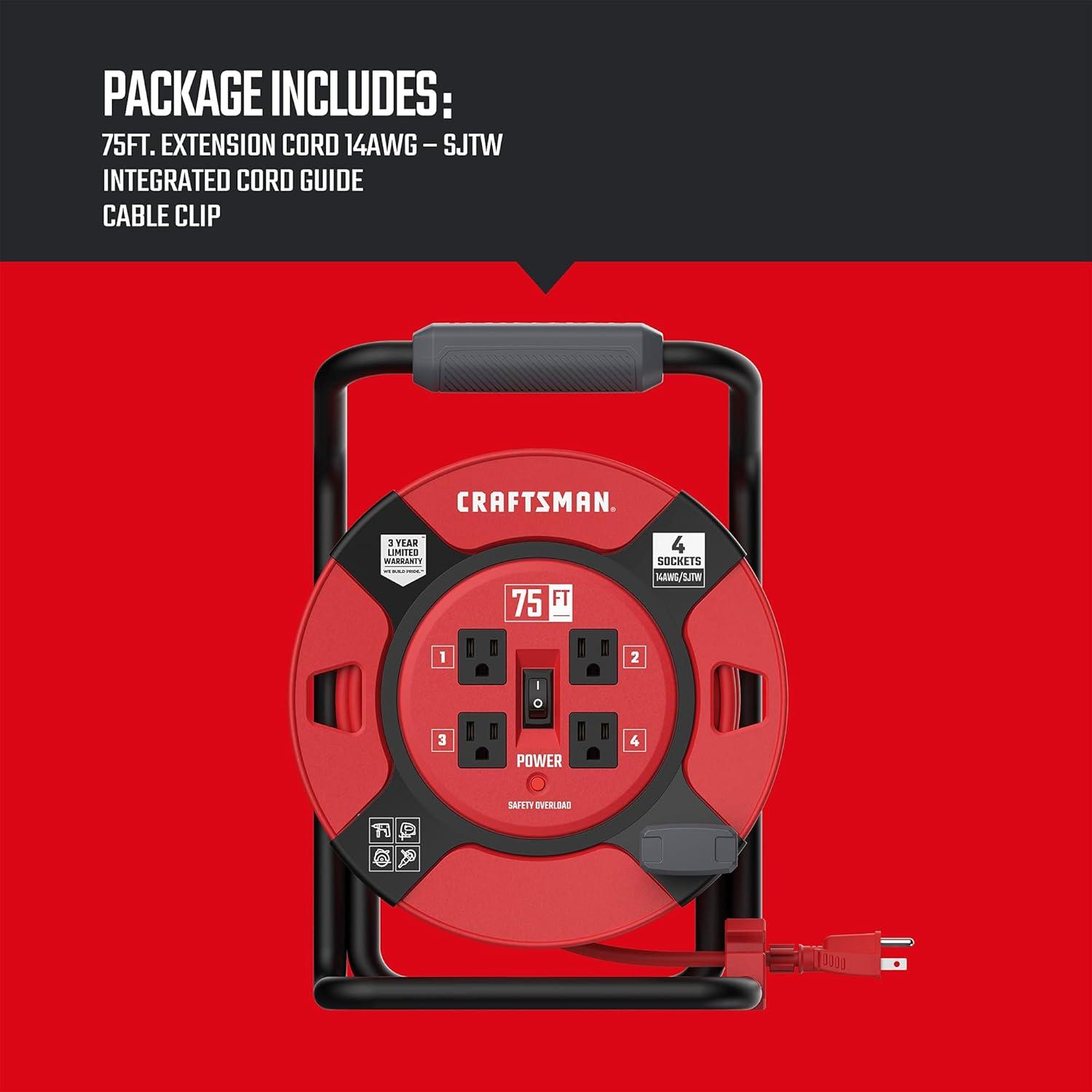 imageCRAFTSMAN 75 Ft Retractable Extension Cord Reel with 4 Outlets OnOff Switch Light Indicator amp HeavyDuty 14AWG SJTW Cable CSA Certified Outdoor Cord Reel75 ft