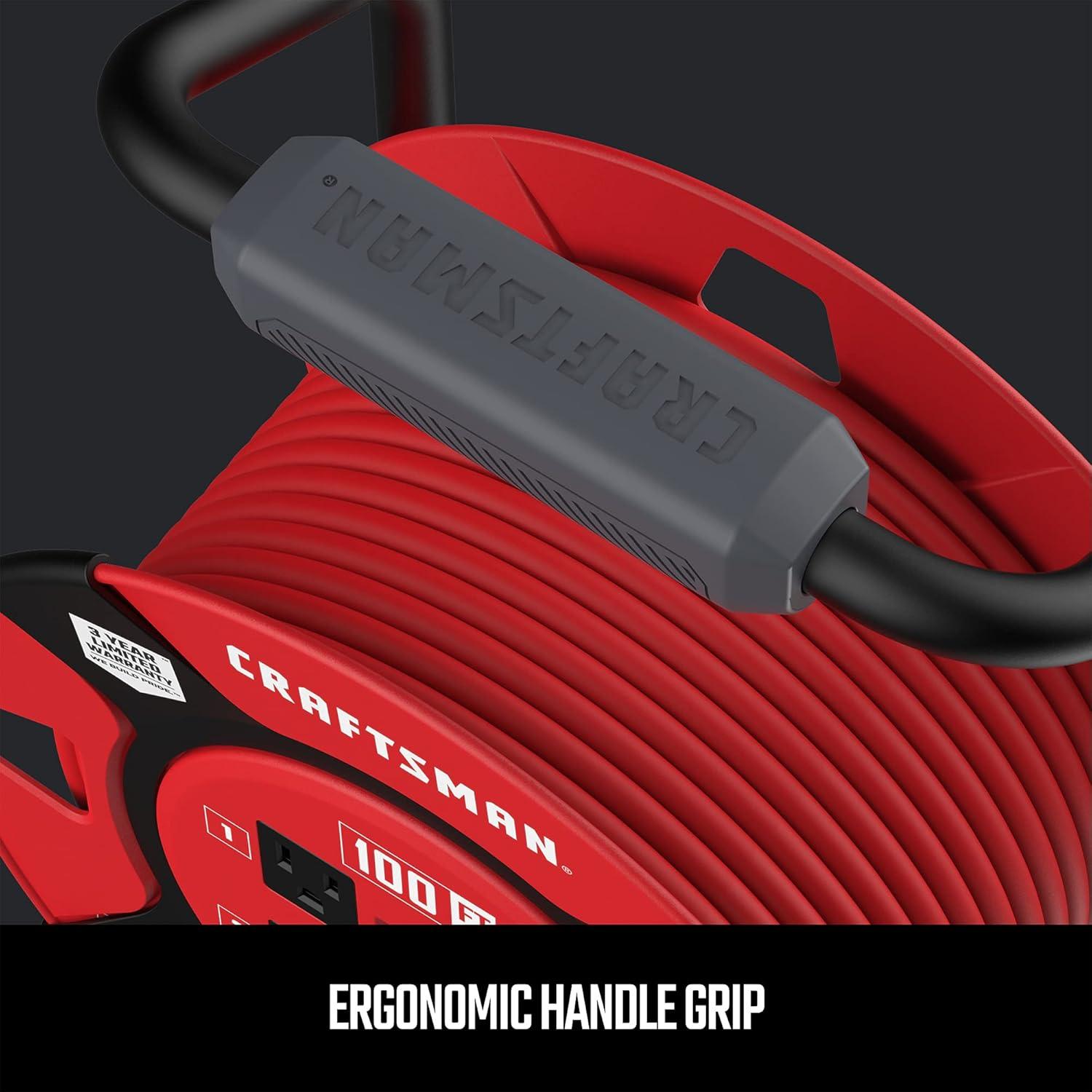 imageCRAFTSMAN 75 Ft Retractable Extension Cord Reel with 4 Outlets OnOff Switch Light Indicator amp HeavyDuty 14AWG SJTW Cable CSA Certified Outdoor Cord Reel100 ft