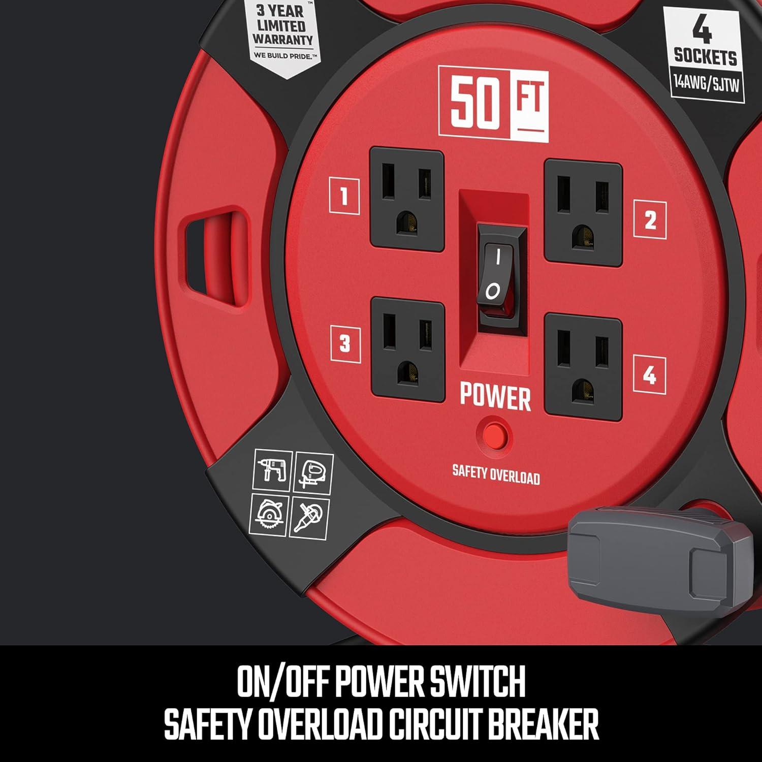 imageCRAFTSMAN 75 Ft Retractable Extension Cord Reel with 4 Outlets OnOff Switch Light Indicator amp HeavyDuty 14AWG SJTW Cable CSA Certified Outdoor Cord Reel50 ft