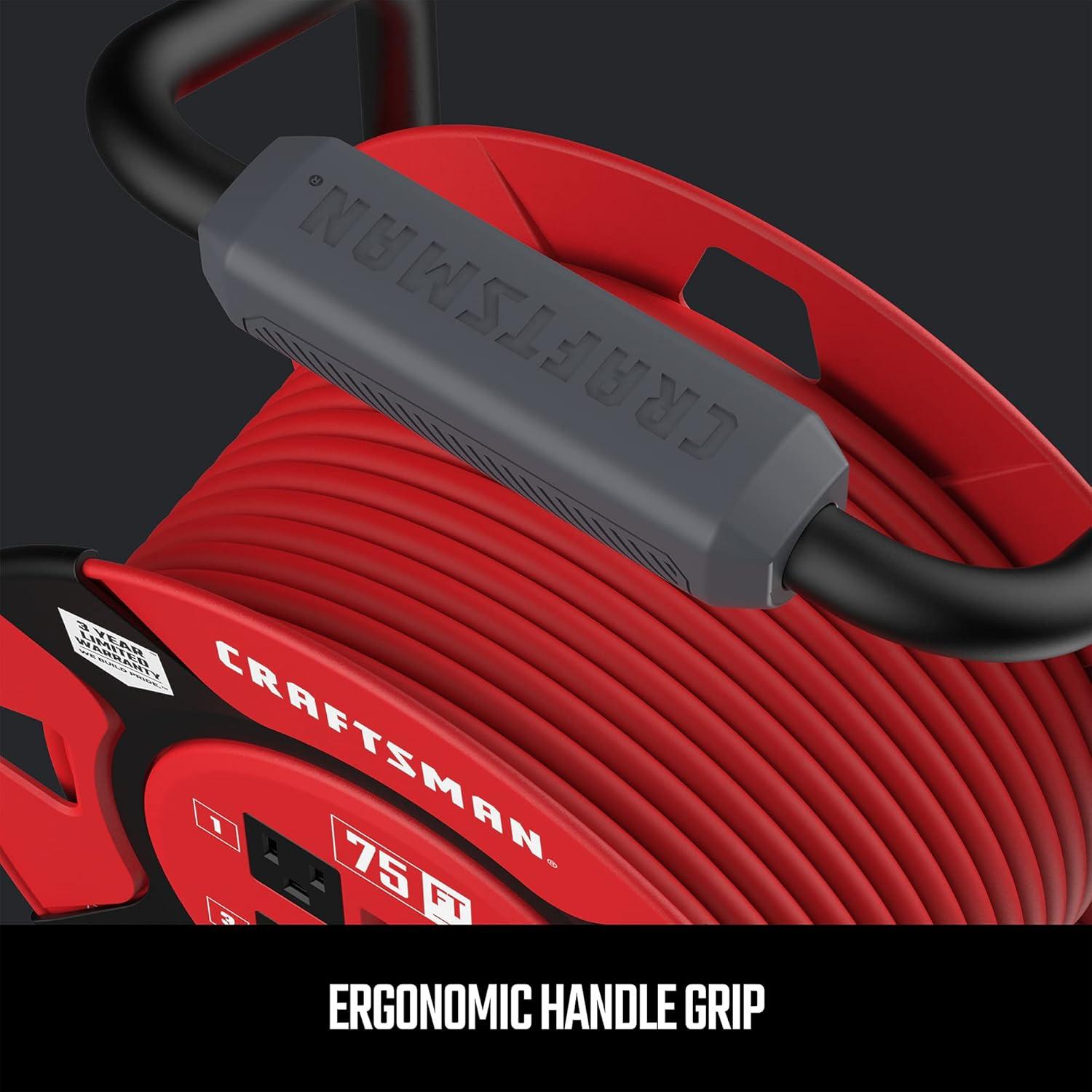 imageCRAFTSMAN 75 Ft Retractable Extension Cord Reel with 4 Outlets OnOff Switch Light Indicator amp HeavyDuty 14AWG SJTW Cable CSA Certified Outdoor Cord Reel75 ft