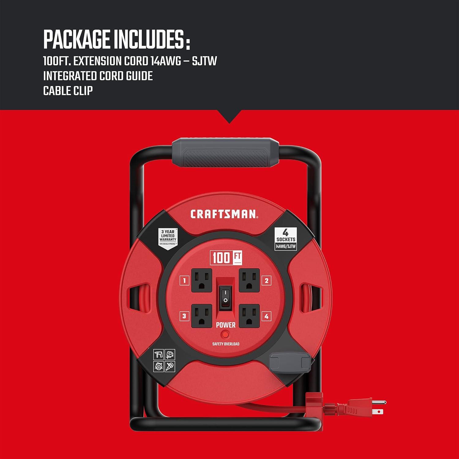 imageCRAFTSMAN 75 Ft Retractable Extension Cord Reel with 4 Outlets OnOff Switch Light Indicator amp HeavyDuty 14AWG SJTW Cable CSA Certified Outdoor Cord Reel100 ft