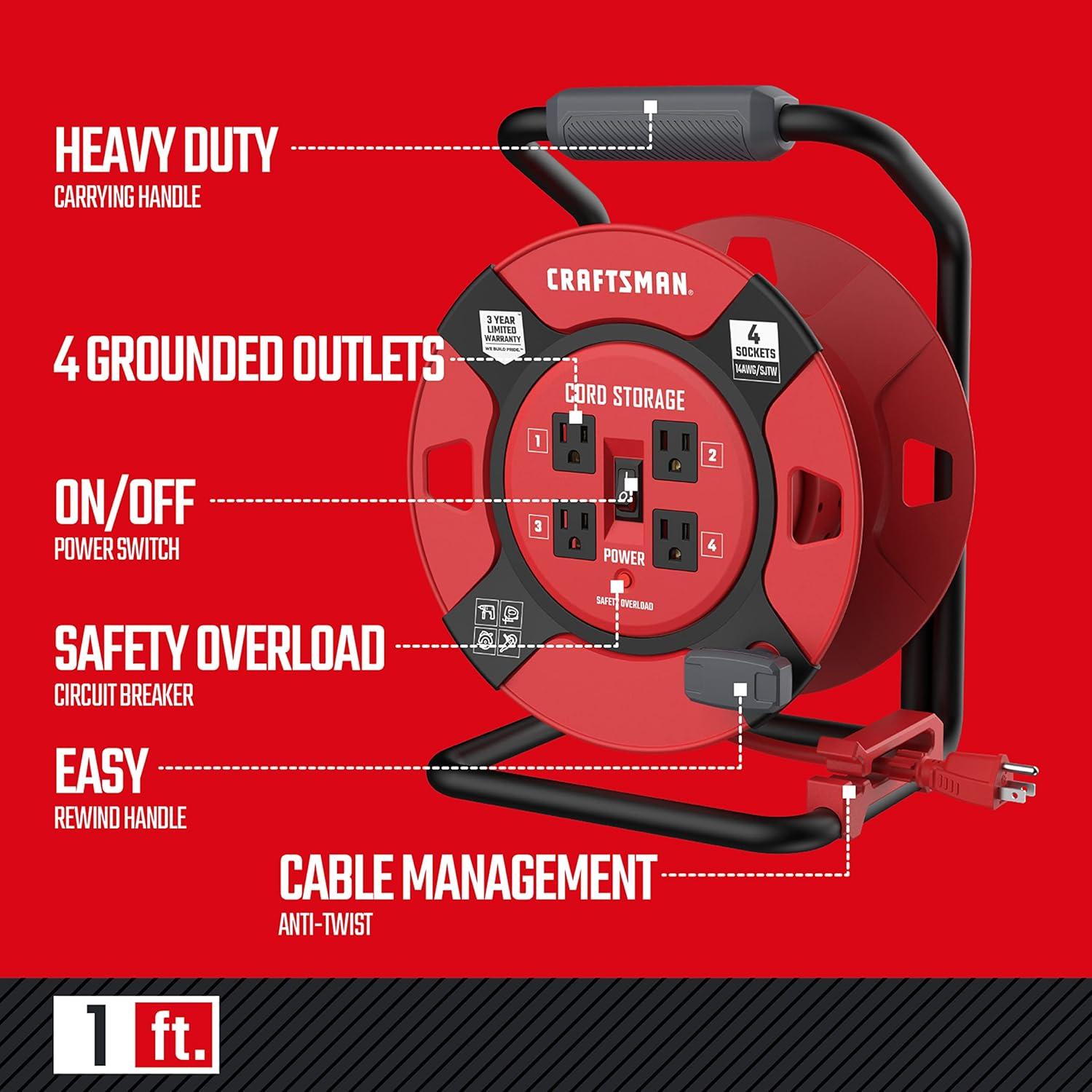 imageCRAFTSMAN 75 Ft Retractable Extension Cord Reel with 4 Outlets OnOff Switch Light Indicator amp HeavyDuty 14AWG SJTW Cable CSA Certified Outdoor Cord Reel1 ft
