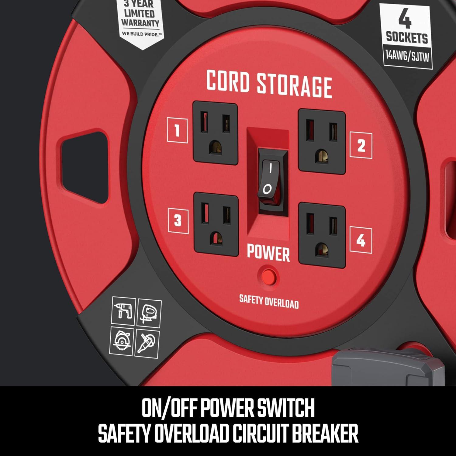 imageCRAFTSMAN 75 Ft Retractable Extension Cord Reel with 4 Outlets OnOff Switch Light Indicator amp HeavyDuty 14AWG SJTW Cable CSA Certified Outdoor Cord Reel1 ft