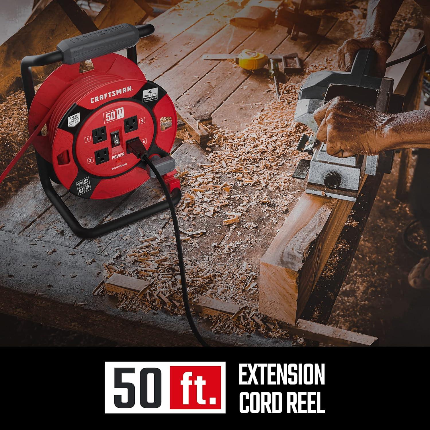 imageCRAFTSMAN 75 Ft Retractable Extension Cord Reel with 4 Outlets OnOff Switch Light Indicator amp HeavyDuty 14AWG SJTW Cable CSA Certified Outdoor Cord Reel50 ft