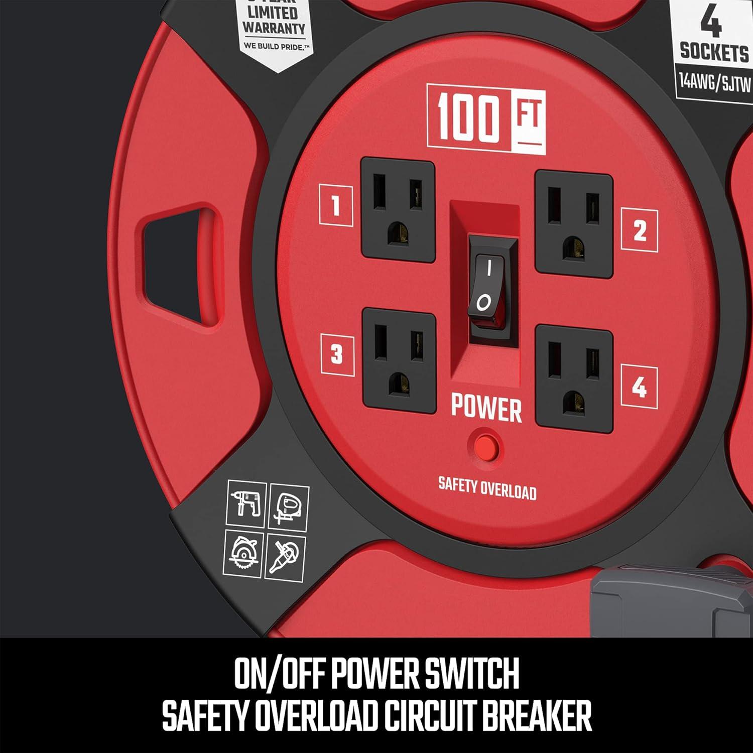 imageCRAFTSMAN 75 Ft Retractable Extension Cord Reel with 4 Outlets OnOff Switch Light Indicator amp HeavyDuty 14AWG SJTW Cable CSA Certified Outdoor Cord Reel100 ft