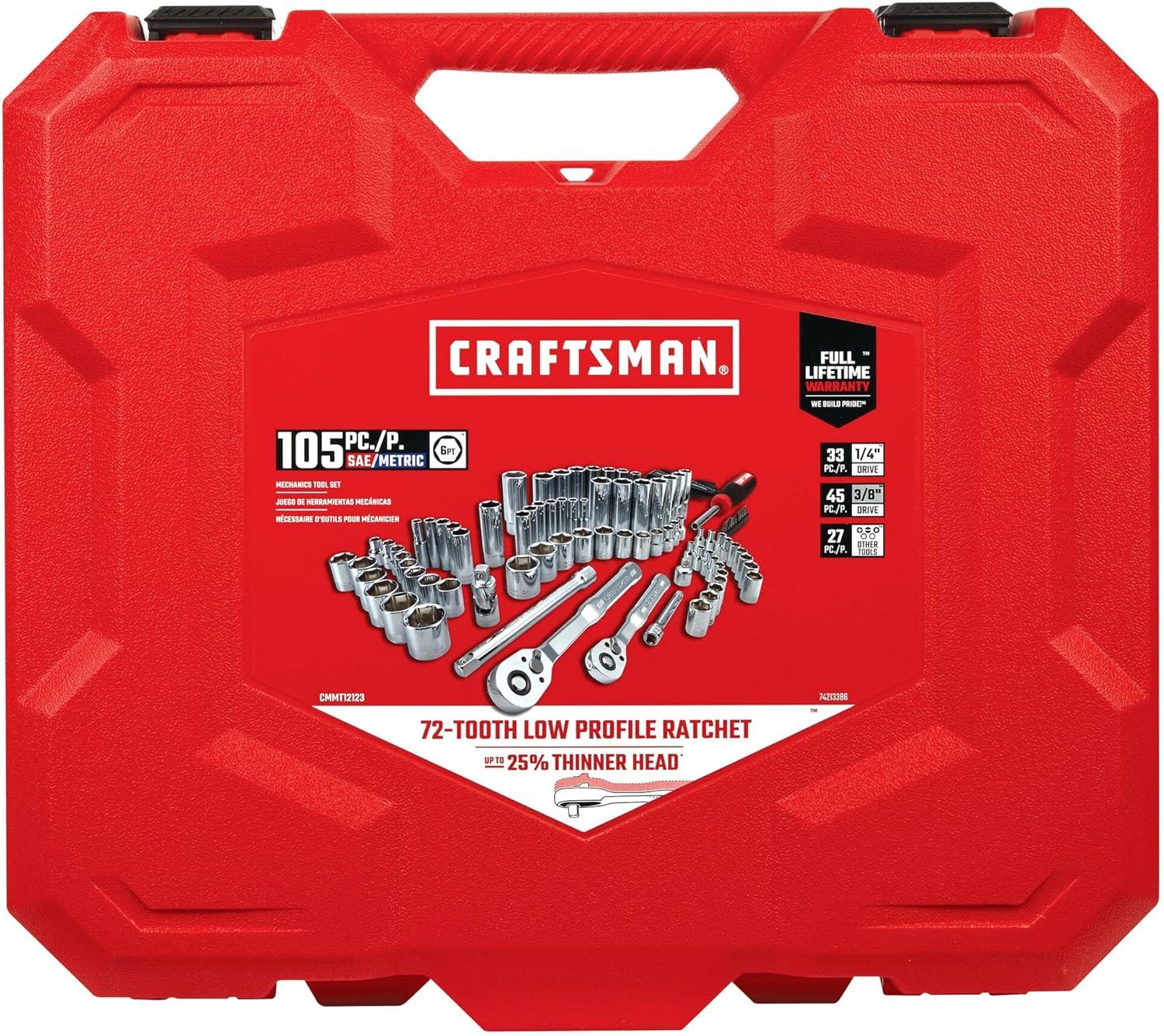 imageCRAFTSMAN Mechanics Tool Set 105 Pcs Standard SAE and Metric with Case  14 and 38 Inch Drive Car Tool Kit CMMT12123NEW 105 Piece Set