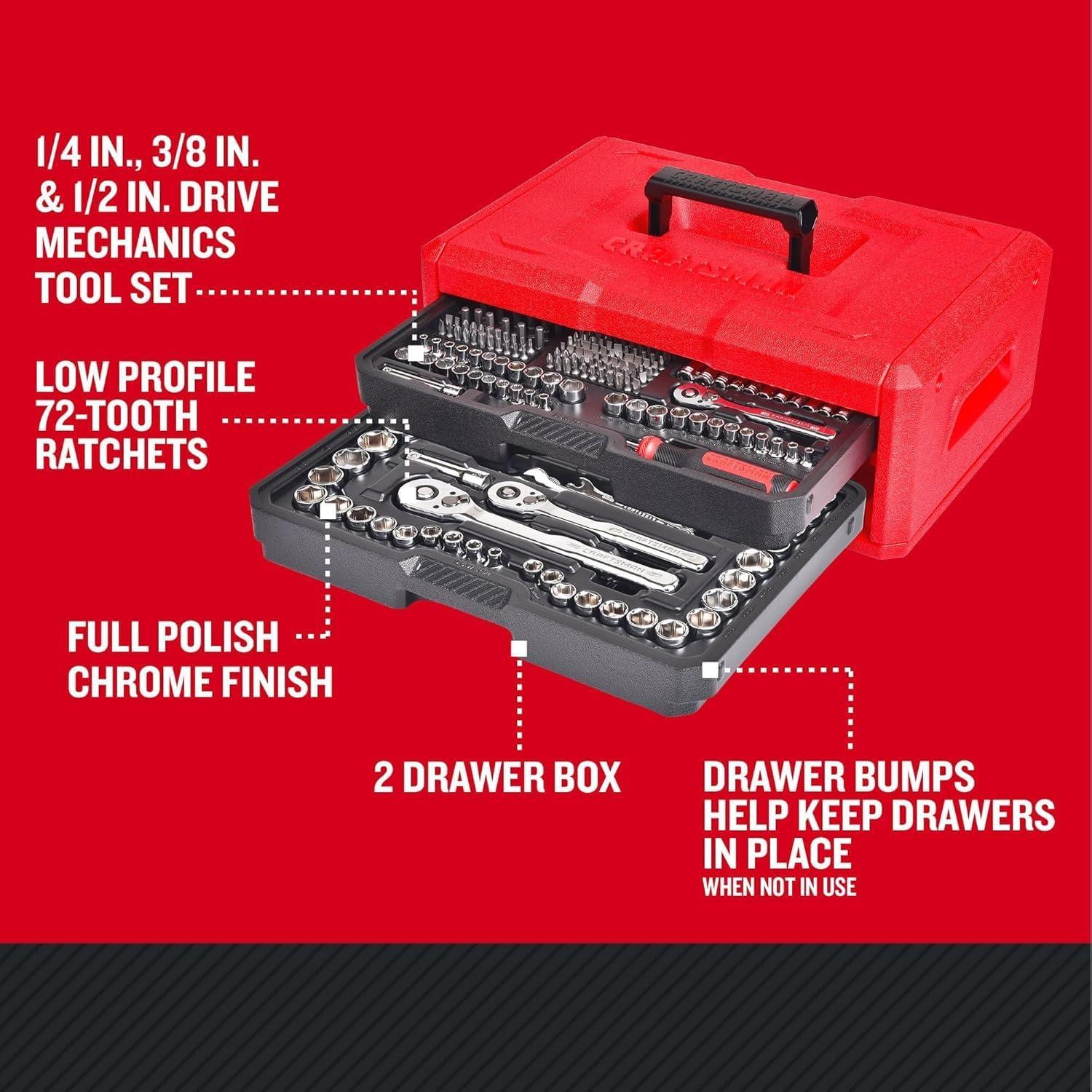 imageCRAFTSMAN Mechanics Tool Set 256Piece Hand Tool and Socket Set with 72tooth Low Profile Ratchet and 2Drawer Tool Box CMMT45256