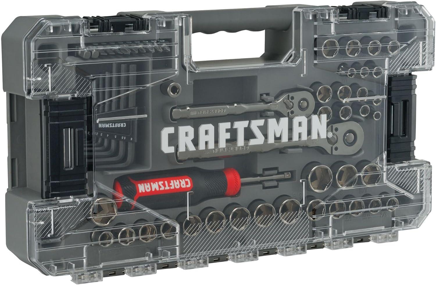 imageCRAFTSMAN OVERDRIVE 64Piece Gunmetal Chrome Mechanics Tool Set Standard SAEMetric Socket Set with Hard Case CMMT99064