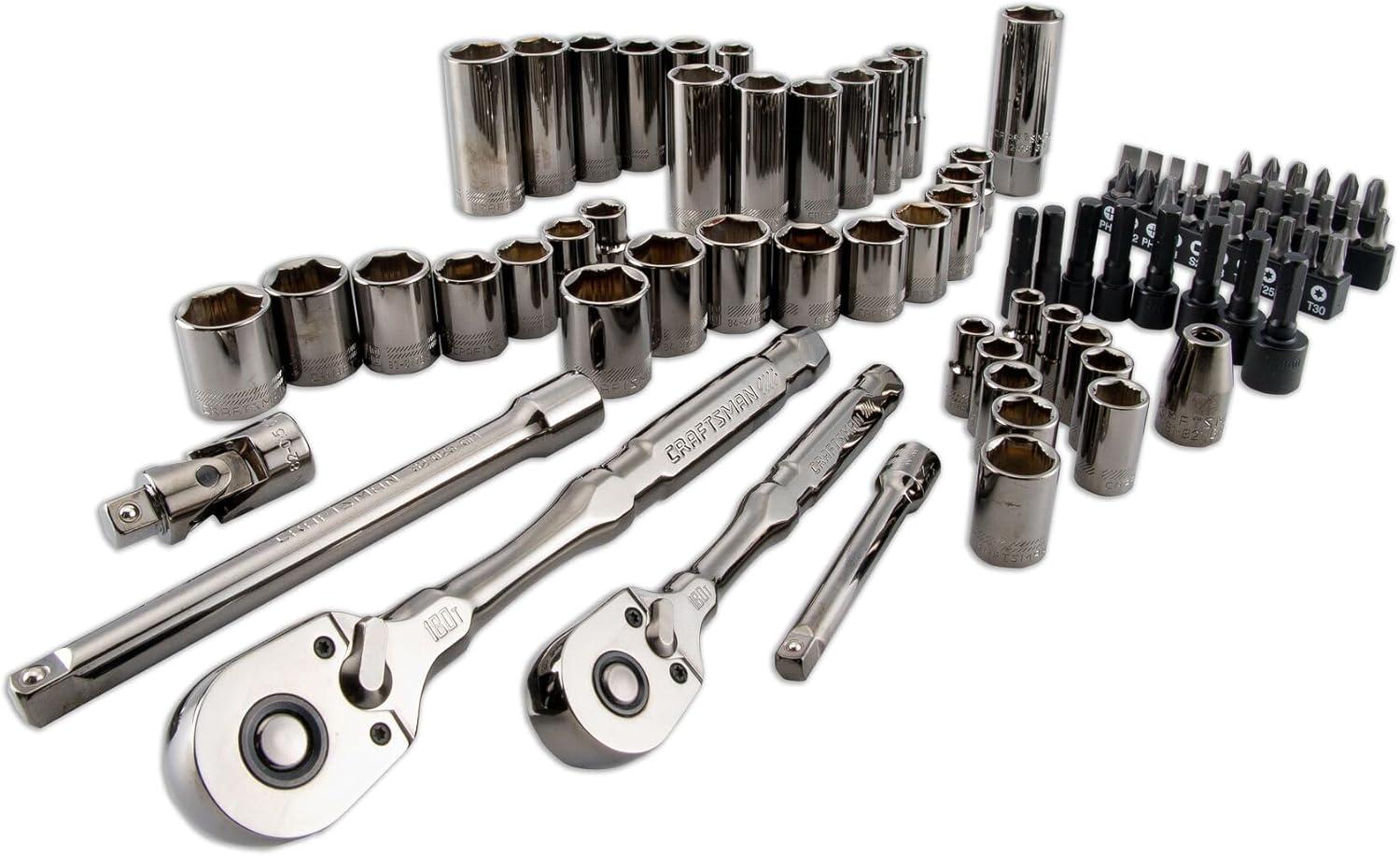 imageCRAFTSMAN OVERDRIVE 80Piece Gunmetal Chrome Mechanics Tool Set Standard SAEMetric Socket Set with Hard Case CMMT99080L