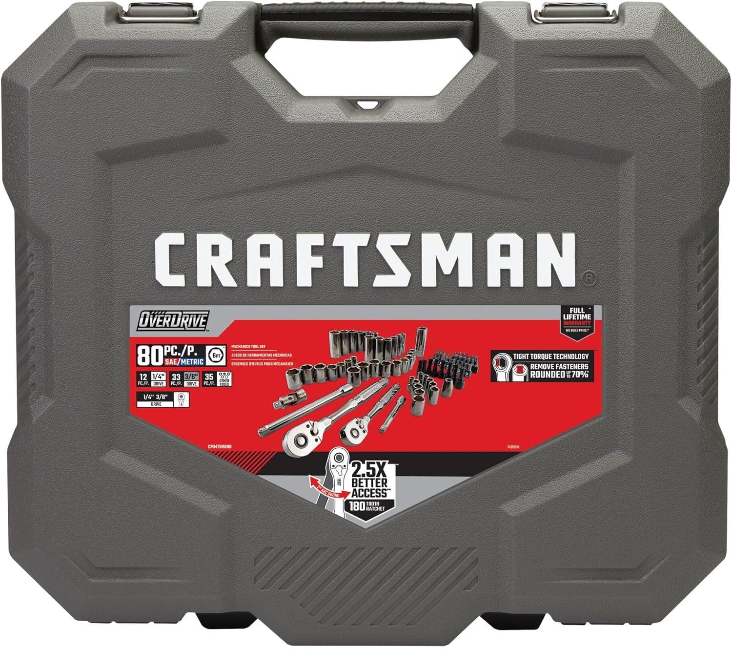 imageCRAFTSMAN OVERDRIVE 80Piece Gunmetal Chrome Mechanics Tool Set Standard SAEMetric Socket Set with Hard Case CMMT99080L