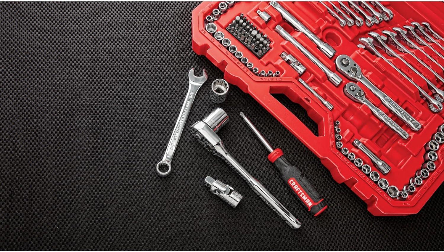 imageCRAFTSMAN Tool Set 189 Piece Mechanics Tool Set 14 38and 12 Inch Drive Socket Wrench Set with Thinner Ratchet Steel 6 and 12point Sockets Wrenches Hex Keys and Specialty Bits CMMT12134189 Piece Set