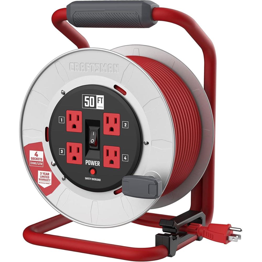 imageCRAFTSMAN 75 Ft Contractor Retractable Extension Cord Reel with 4 Grounded Outlets HeavyDuty Steel Drum 12AWG SJTW Cable CSA Certified50 ft