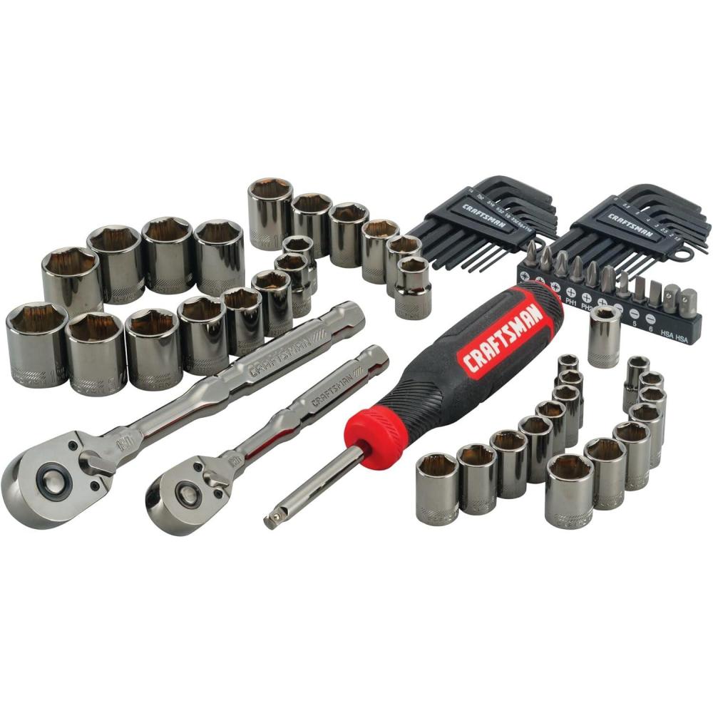 imageCRAFTSMAN OVERDRIVE 64Piece Gunmetal Chrome Mechanics Tool Set Standard SAEMetric Socket Set with Hard Case CMMT99064