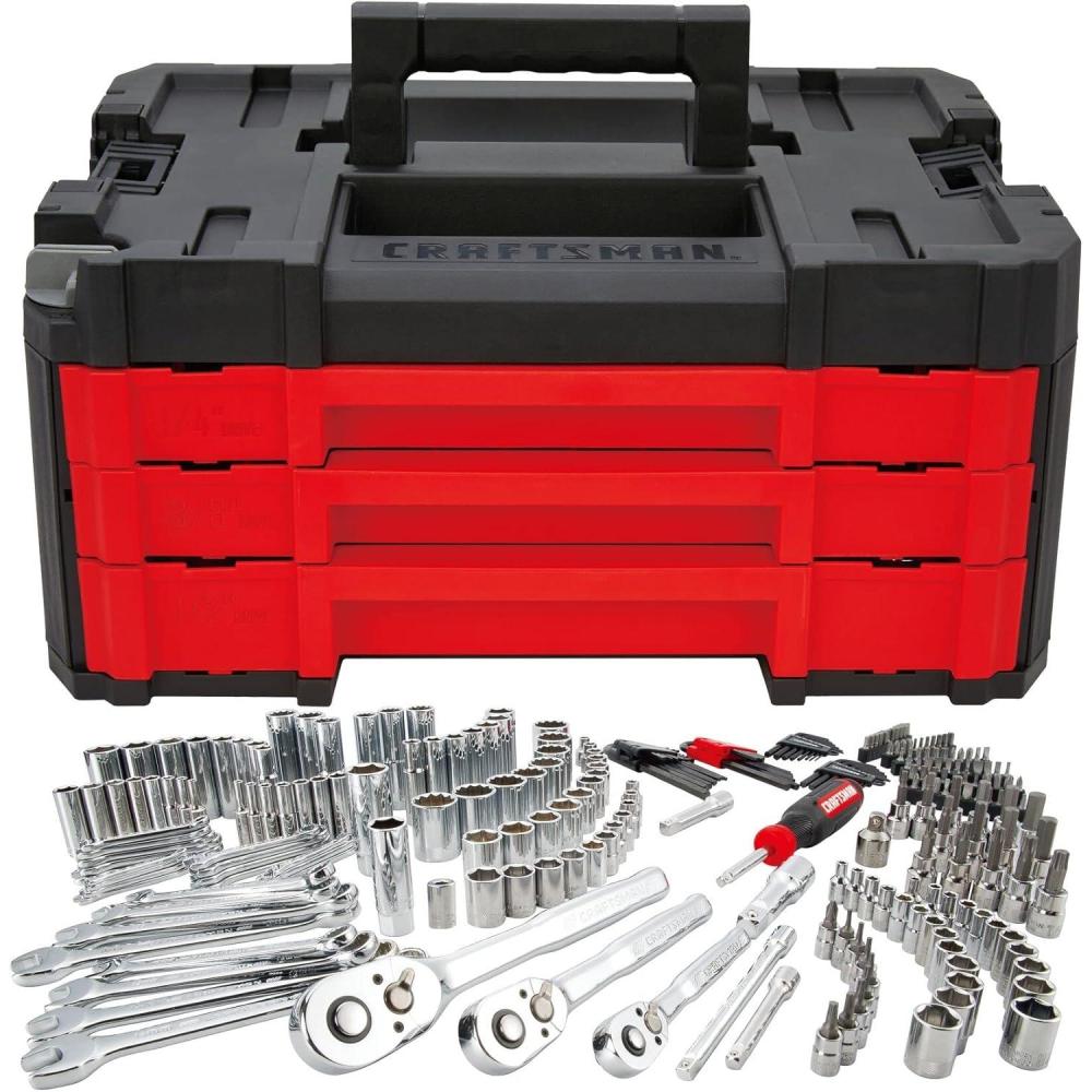 imageCraftsman 262Piece Mechanic Tool Set with 3Drawer VERSASTACK Box SAE and Metric Socket Set Car and Motorcycle Tool Kit with Combination Wrenches and Spark Plug Sockets CMMT45309262 Piece Set