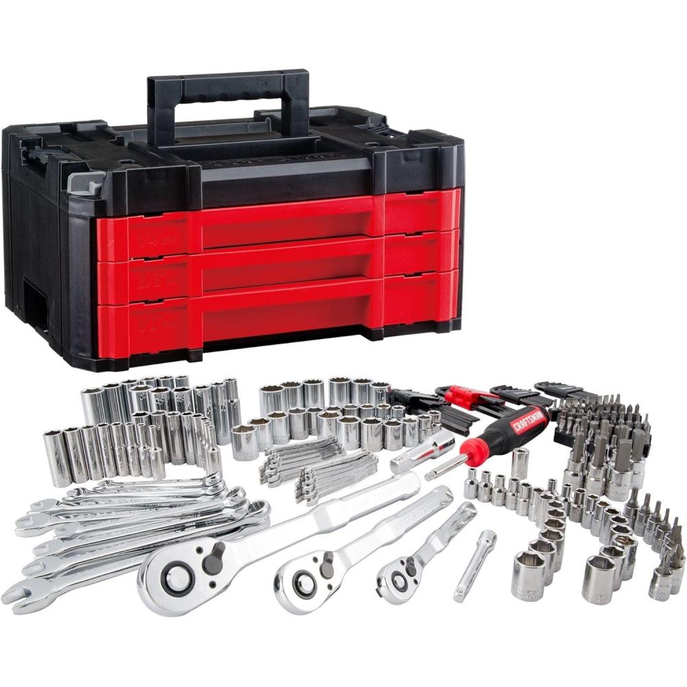 imageCraftsman 262Piece Mechanic Tool Set with 3Drawer VERSASTACK Box SAE and Metric Socket Set Car and Motorcycle Tool Kit with Combination Wrenches and Spark Plug Sockets CMMT45309New 230 Piece Set