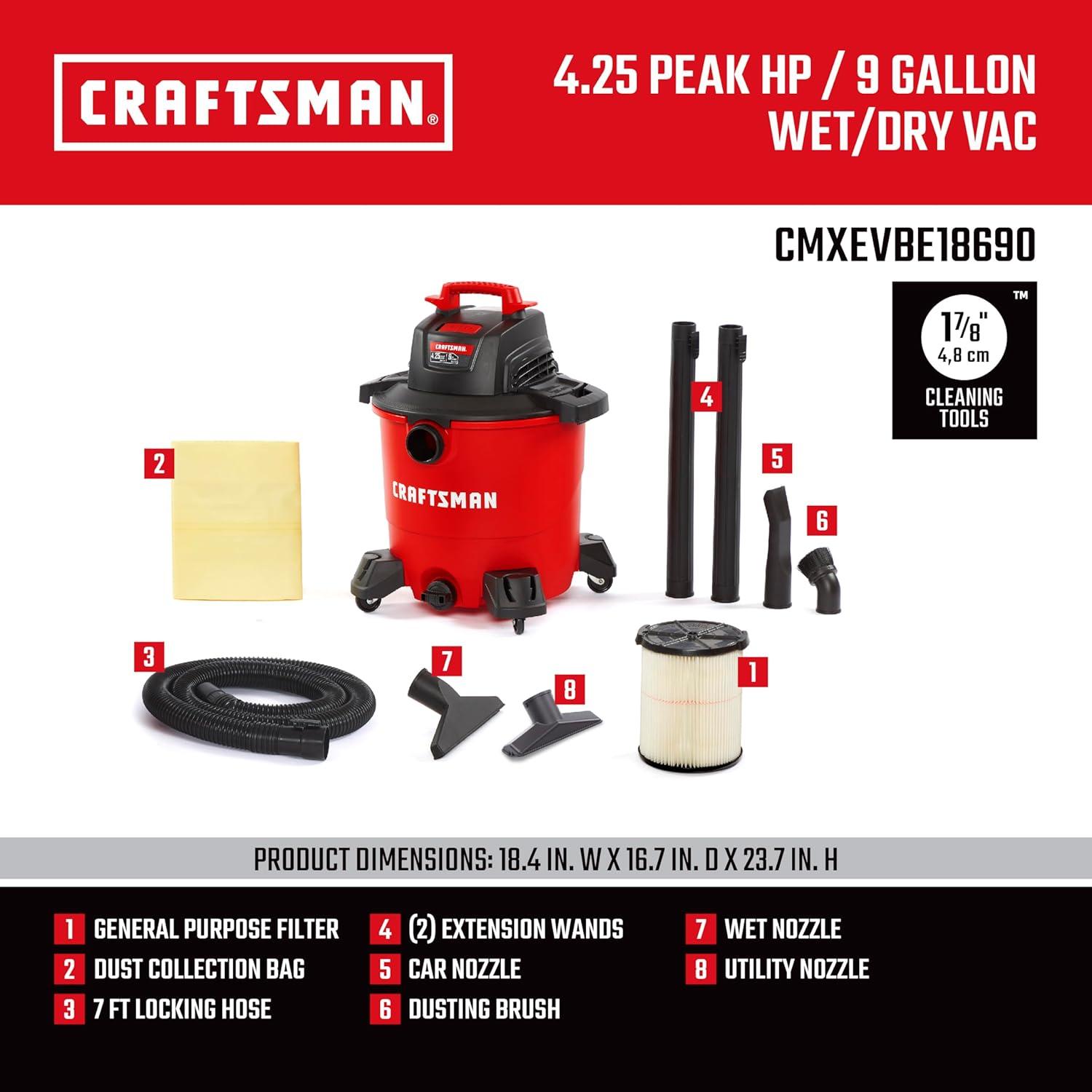 imageCRAFTSMAN CMXEVBE17590 9 Gallon 425 Peak HP Wet Dry Vac Portable Shop Vacuum Wet and Dry with Filter Dust Bag Hose and Attachments for Home Garage and Automotive Cleaning9 Gal 425 Peak HP w Dusting Brush