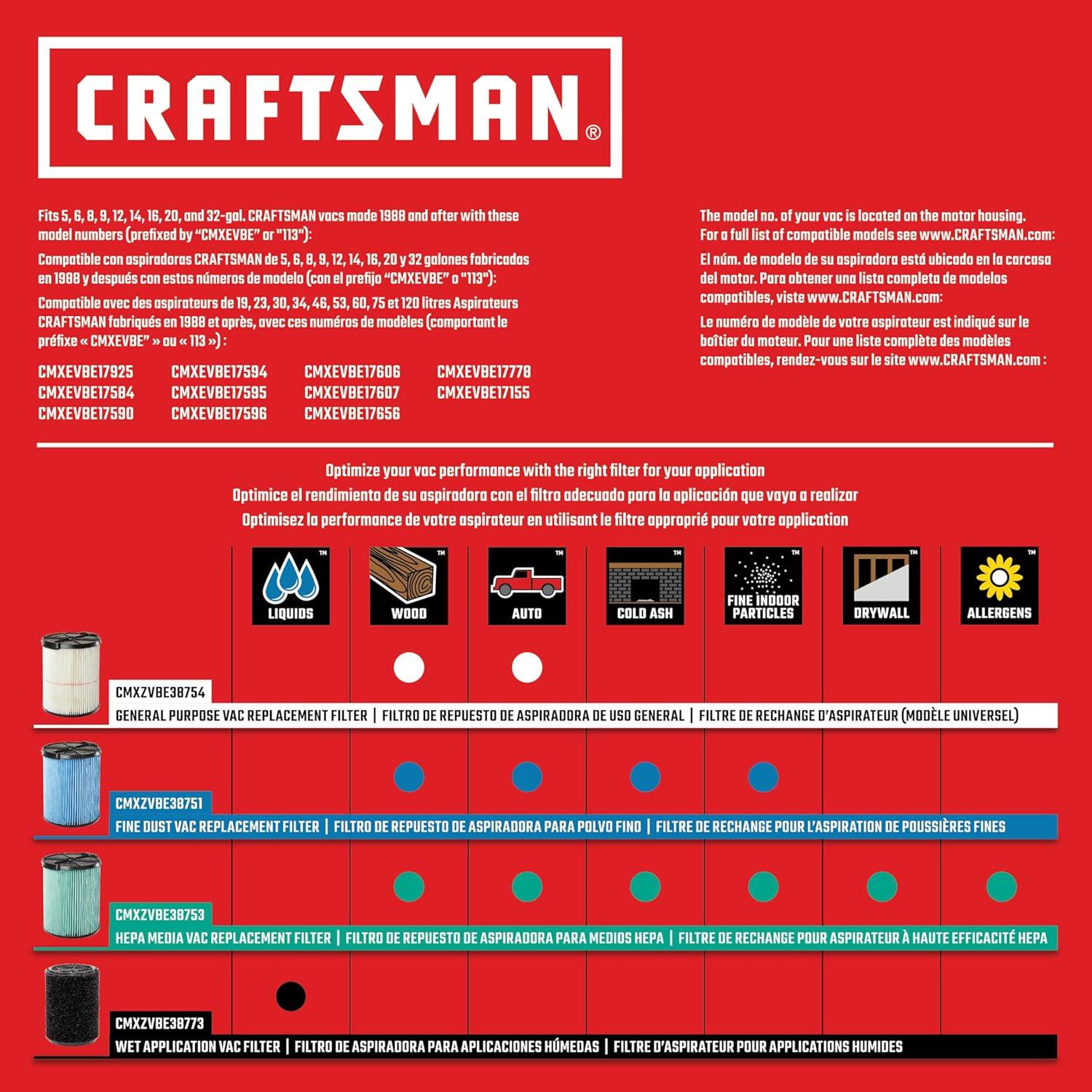 imageCRAFTSMAN CMXEVBE17594 12 Gallon 60 Peak HP Wet Dry Vac Portable Shop Vacuum Wet and Dry with Filter Dust Bag Hose and Attachments for Home Projects amp Renovations16 Gallon 65 Peak HP w4 Dust Bags