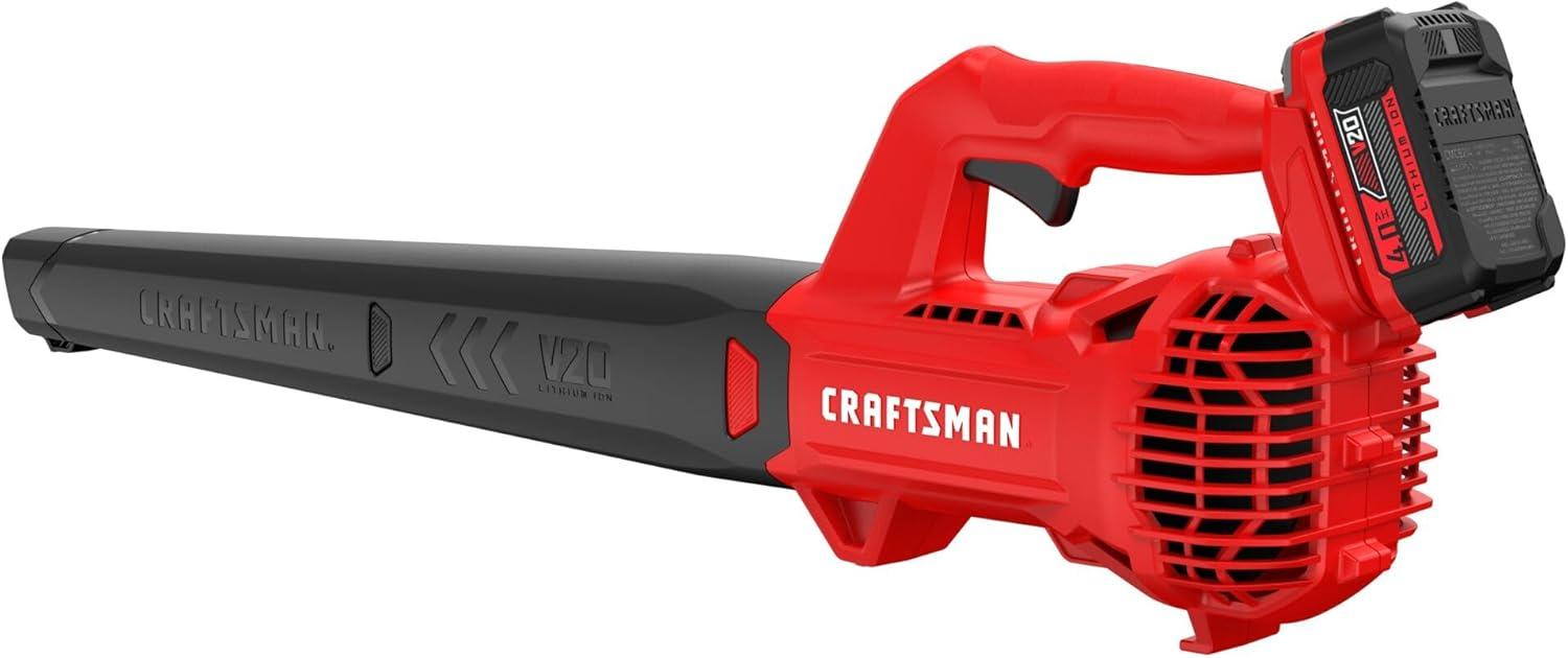 imageCRAFTSMAN V20 Leaf Blower Cordless with 40 Ah Battery and Charger 90 MPH 200 CFM Integrated Scraper Lightweight Easy Operation Handheld Blowers for Lawn Care CMCBL710M1Cordless 4Ah Battery Kit