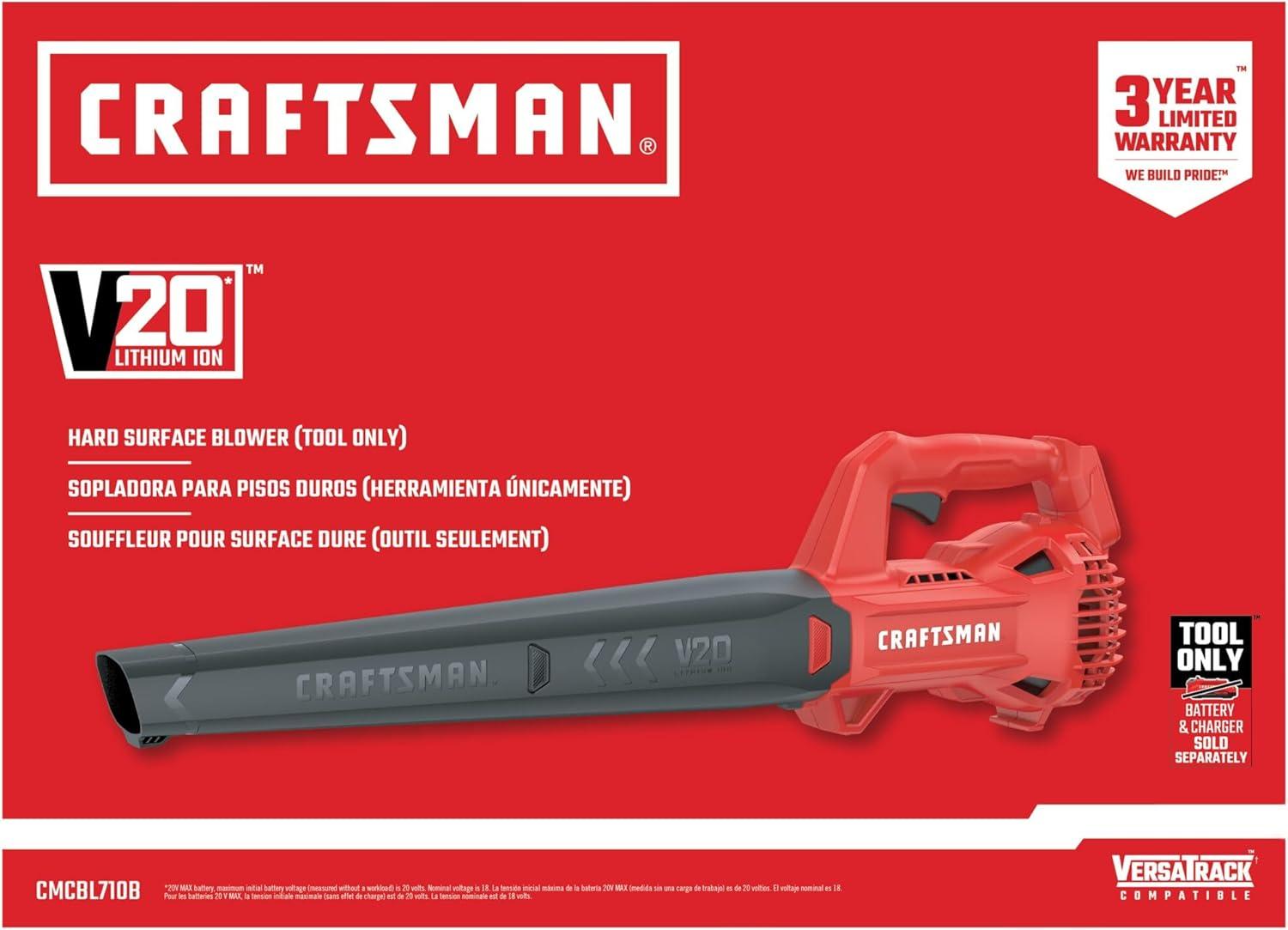imageCRAFTSMAN V20 Leaf Blower Cordless with 40 Ah Battery and Charger 90 MPH 200 CFM Integrated Scraper Lightweight Easy Operation Handheld Blowers for Lawn Care CMCBL710M1Tool Only