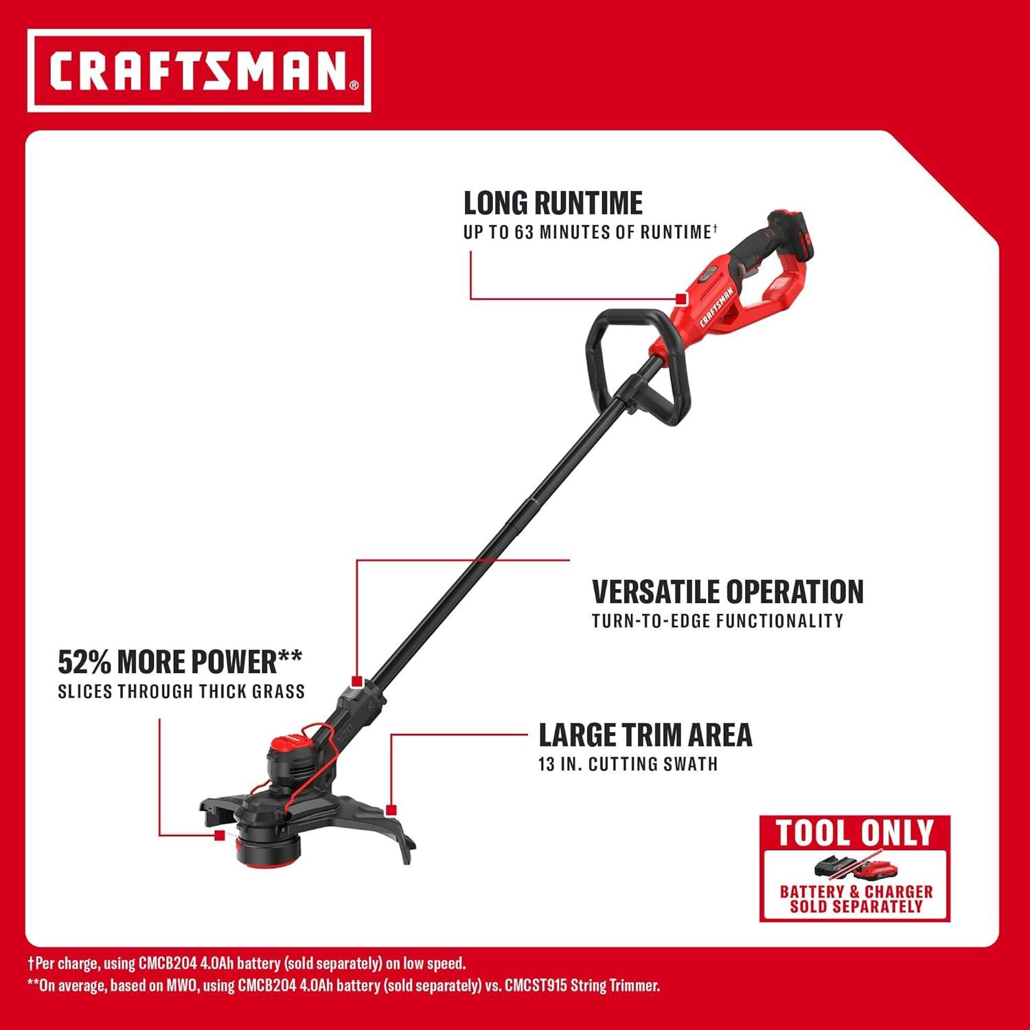 imageCRAFTSMAN V20 2 in 1 String Trimmer and Lawn Edger 13 in Cordless Weed Eater with Up to 63 Minutes Runtime Easy Handling Tool Only CMCST901B