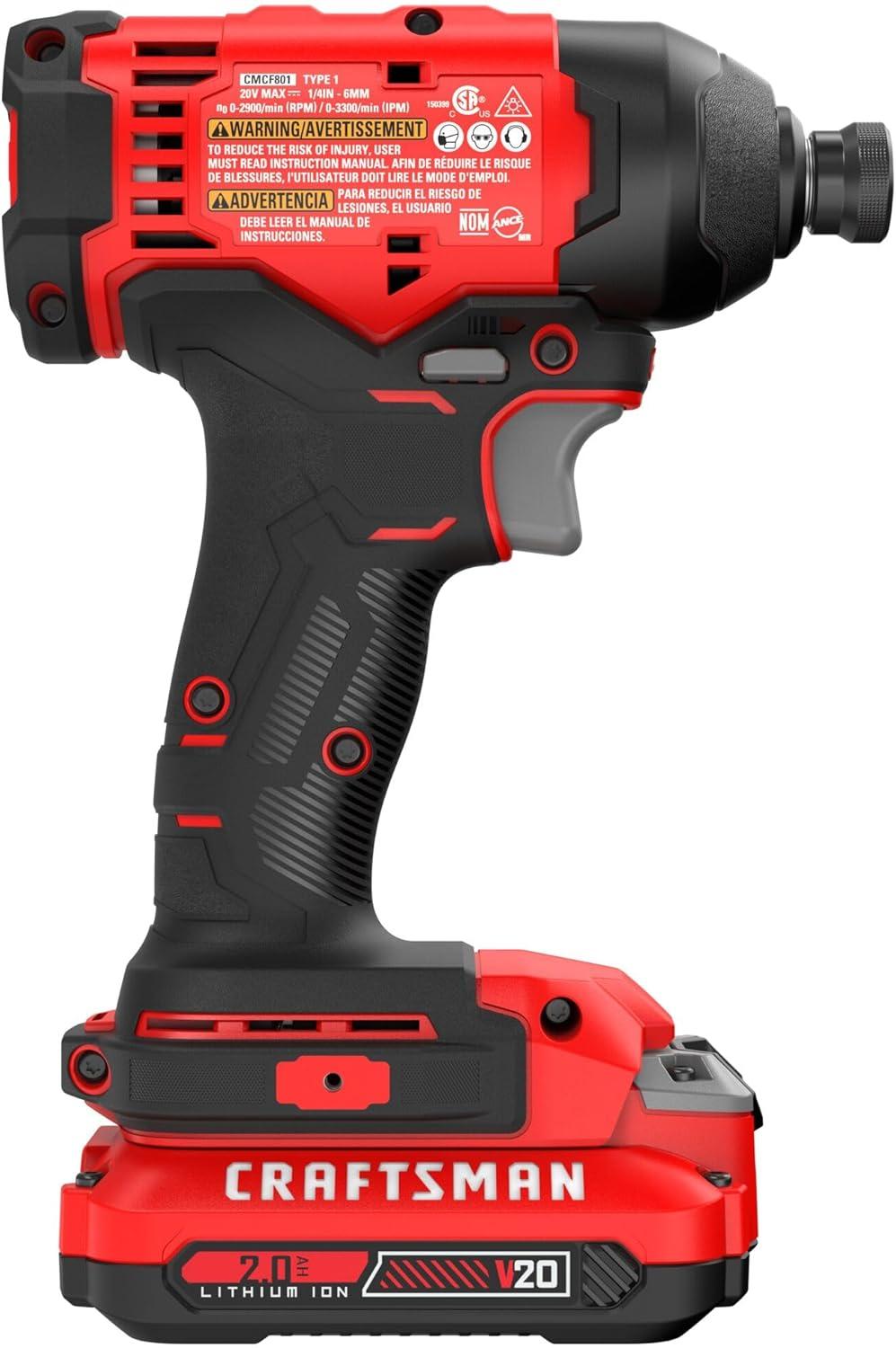 imageCRAFTSMAN Cordless 14 Impact Driver with 2 Ah Lithium Ion Battery Charger and PH2 Screwdriving Bit LED Light High Torque Variable Speed 2900 RPM CMCF801D1NEW 20V MAX Impact Driver Kit