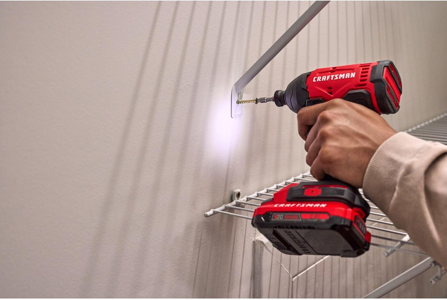 imageCRAFTSMAN Cordless 14 Impact Driver with 2 Ah Lithium Ion Battery Charger and PH2 Screwdriving Bit LED Light High Torque Variable Speed 2900 RPM CMCF801D1NEW 20V MAX Impact Driver Kit