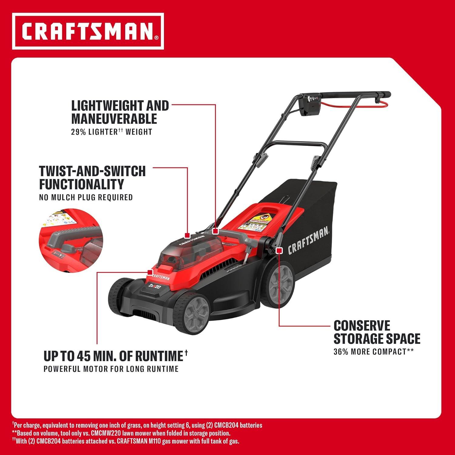 imageCRAFTSMAN Push Mower 15 in 2 x 4 Ah V20 Batteries and 2 Chargers Included Up to 45 Min of Runtime Lightweight Easy to Maneuver Electric Lawn Mower Cordless with Grass Bag CMCMWP120M2