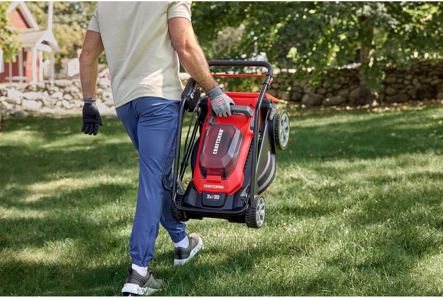 imageCRAFTSMAN Push Mower 15 in 2 x 4 Ah V20 Batteries and 2 Chargers Included Up to 45 Min of Runtime Lightweight Easy to Maneuver Electric Lawn Mower Cordless with Grass Bag CMCMWP120M2