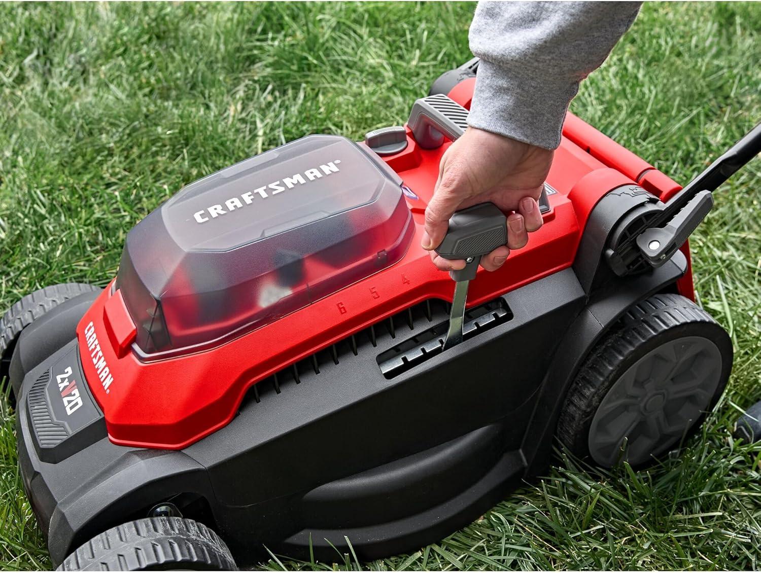 imageCRAFTSMAN Push Mower 15 in 2 x 4 Ah V20 Batteries and 2 Chargers Included Up to 45 Min of Runtime Lightweight Easy to Maneuver Electric Lawn Mower Cordless with Grass Bag CMCMWP120M2