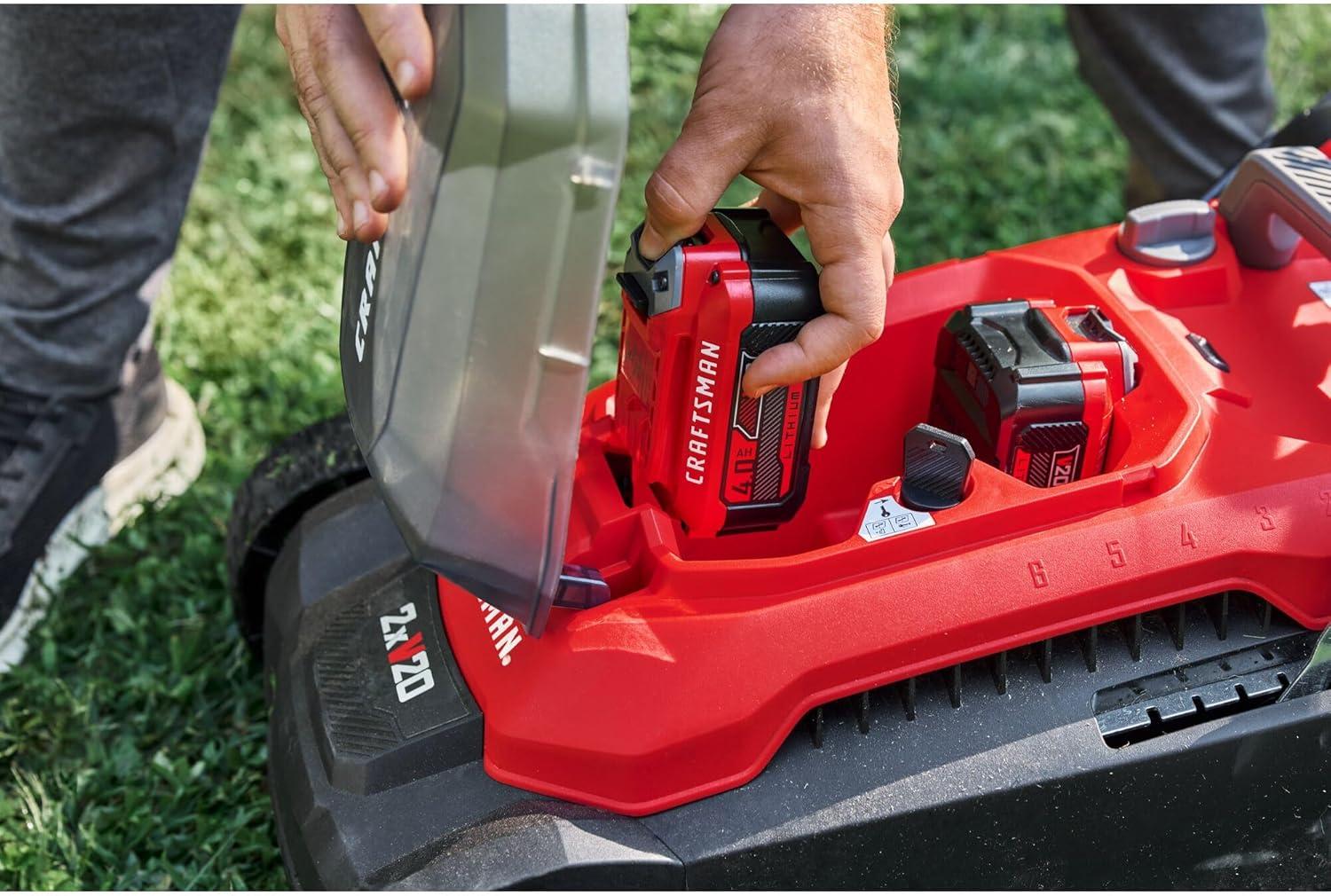 imageCRAFTSMAN Push Mower 15 in 2 x 4 Ah V20 Batteries and 2 Chargers Included Up to 45 Min of Runtime Lightweight Easy to Maneuver Electric Lawn Mower Cordless with Grass Bag CMCMWP120M2