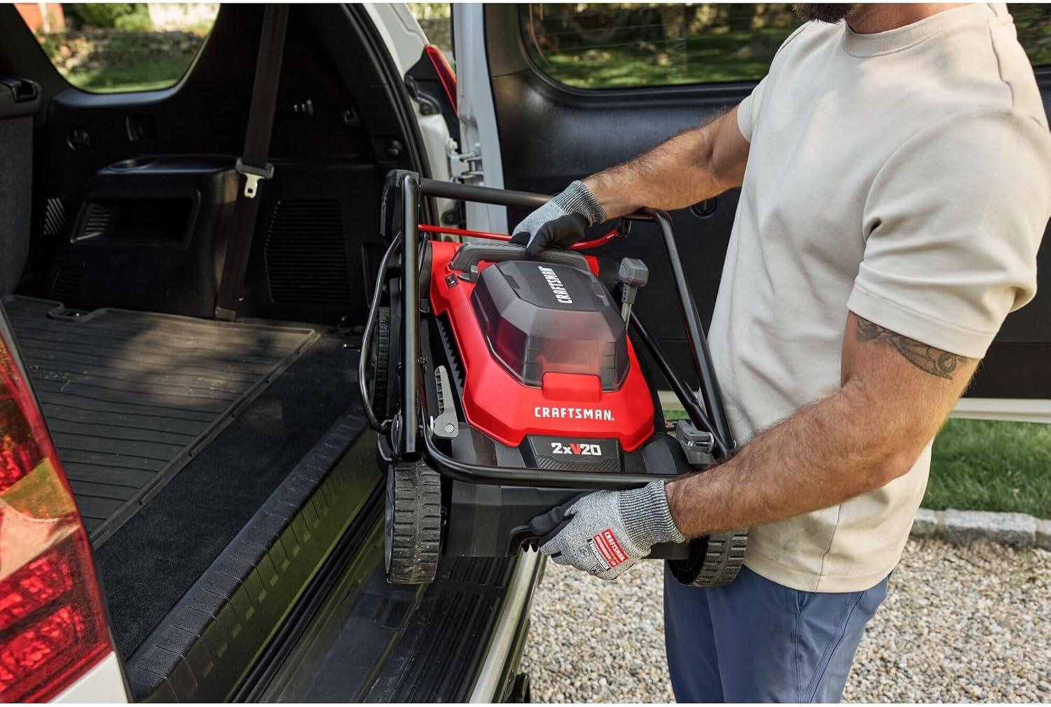 imageCRAFTSMAN Push Mower 15 in 2 x 4 Ah V20 Batteries and 2 Chargers Included Up to 45 Min of Runtime Lightweight Easy to Maneuver Electric Lawn Mower Cordless with Grass Bag CMCMWP120M2