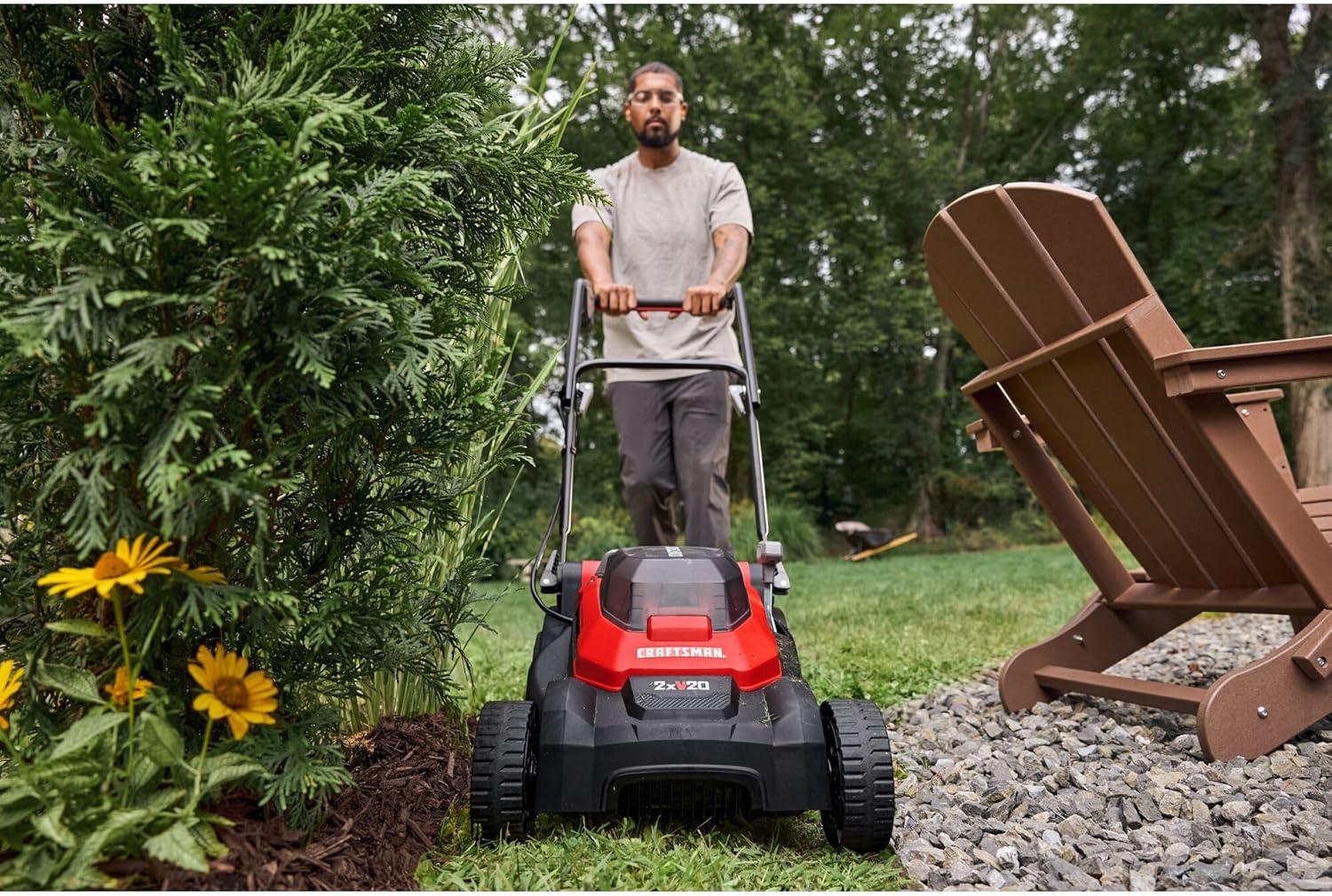 imageCRAFTSMAN Push Mower 15 in 2 x 4 Ah V20 Batteries and 2 Chargers Included Up to 45 Min of Runtime Lightweight Easy to Maneuver Electric Lawn Mower Cordless with Grass Bag CMCMWP120M2