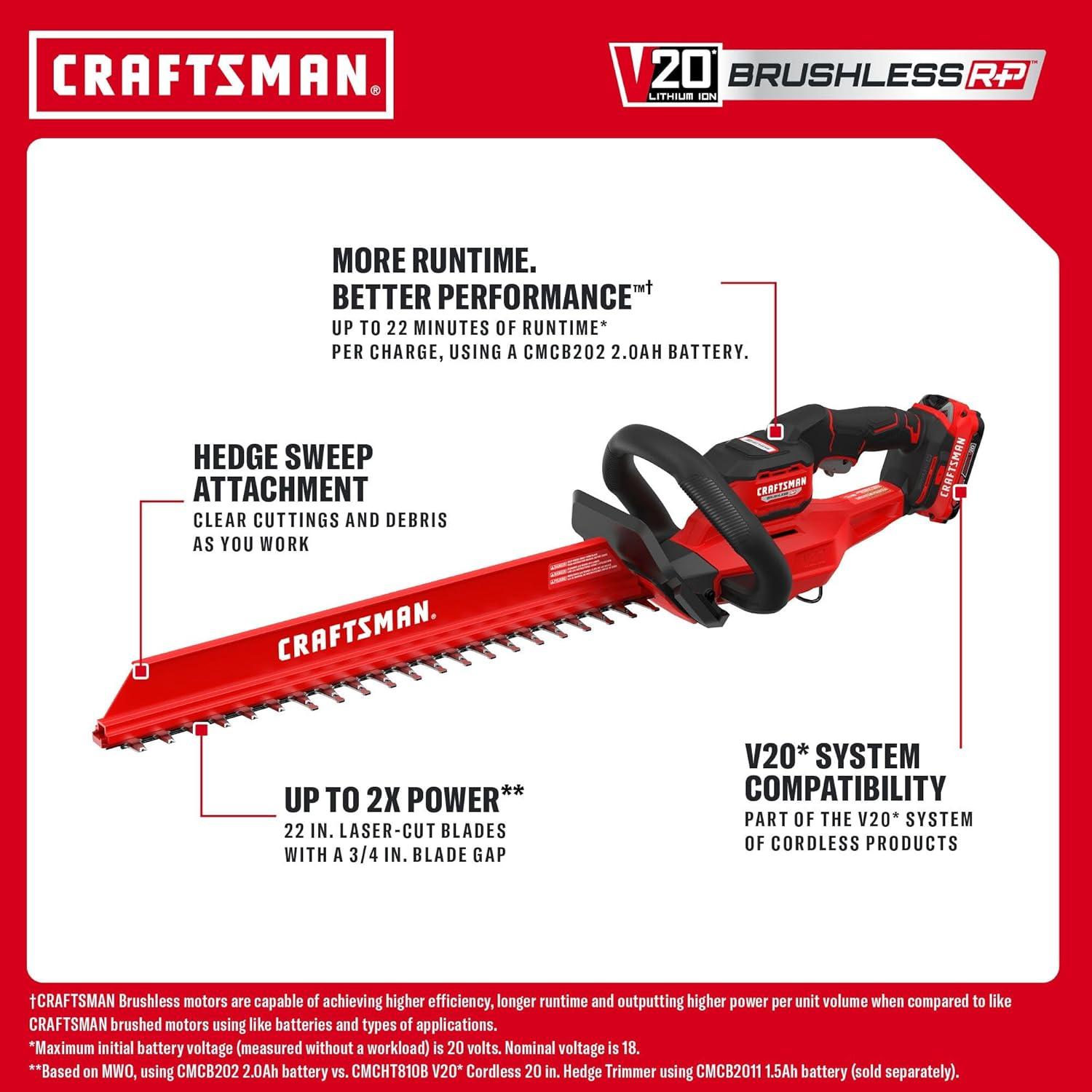 imageCRAFTSMAN V20 22 in Hedge Trimmer Cordless with 2Ah Battery and Charger Lightweight Brushless RP Bush Trimmer with Hedge Sweep Attachment Longer Runtime Up to 2X More Power CMCHT830D1NEW 20V Brushless Trimmer Kit