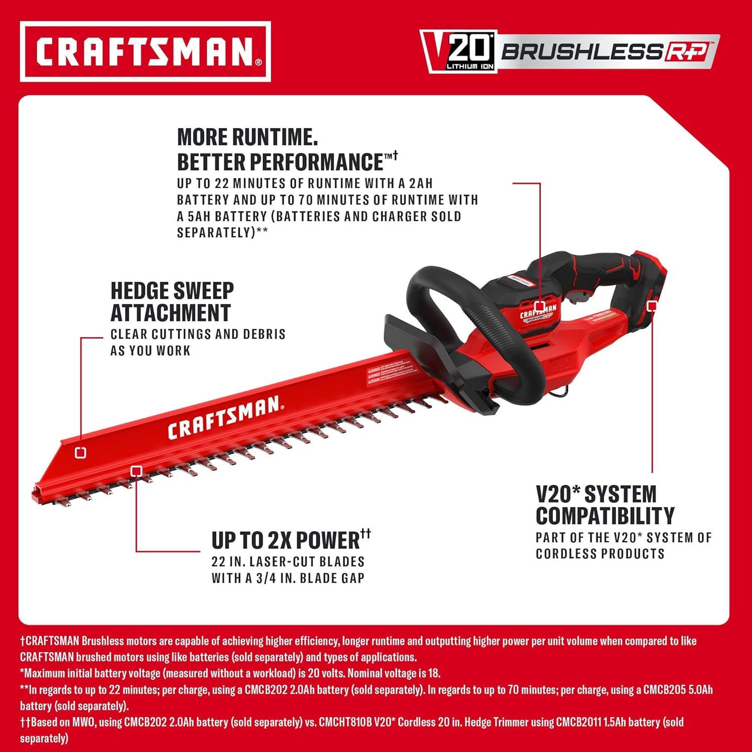 imageCRAFTSMAN V20 Brushless RP 22 in Cordless Hedge Trimmer Lightweight Bush Trimmer with Hedge Sweep Attachment Up to 2X Power Longer Runtime Tool Only CMCHT830B