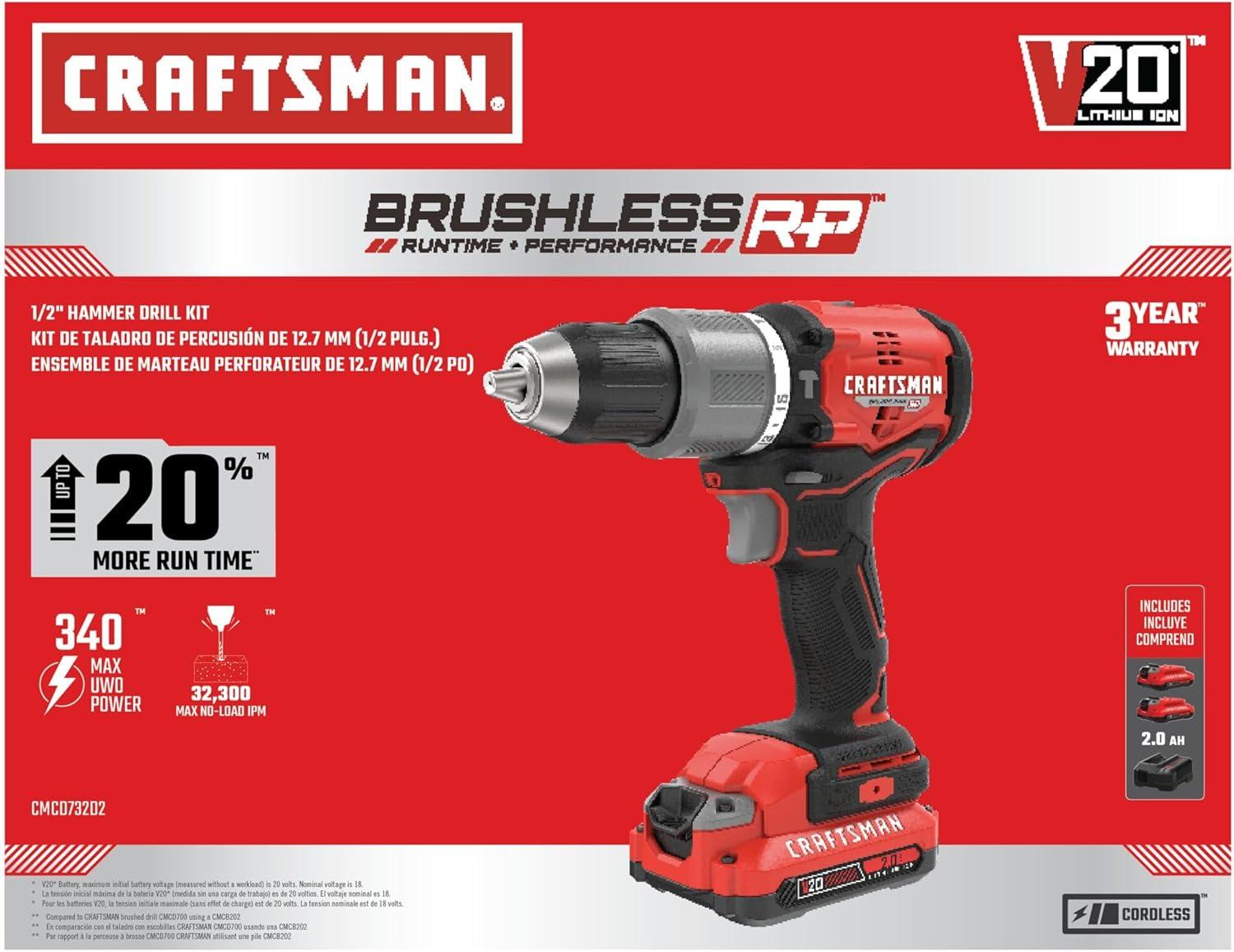 imageCRAFTSMAN V20 Cordless Hammer Drill Kit 12 inch 2 Batteries and Charger Included CMCD732D2