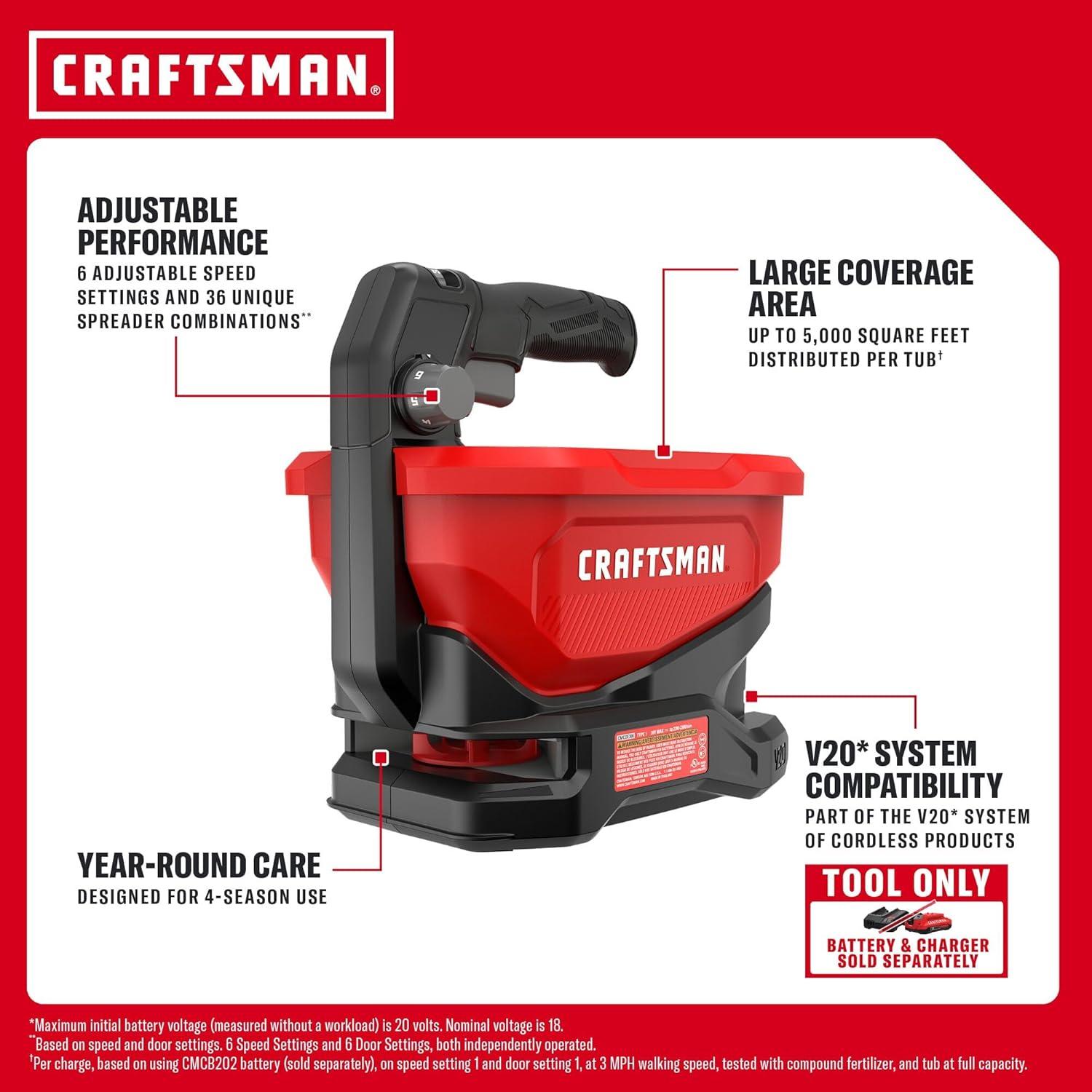imageCraftsman V20 Four Season Seed Spreader Handheld 12 Gal 6 Speed Fertilizer Spreader Salt Ice Melt Covers up to 5000 sqf per Tub Tool Only CMCOE300B