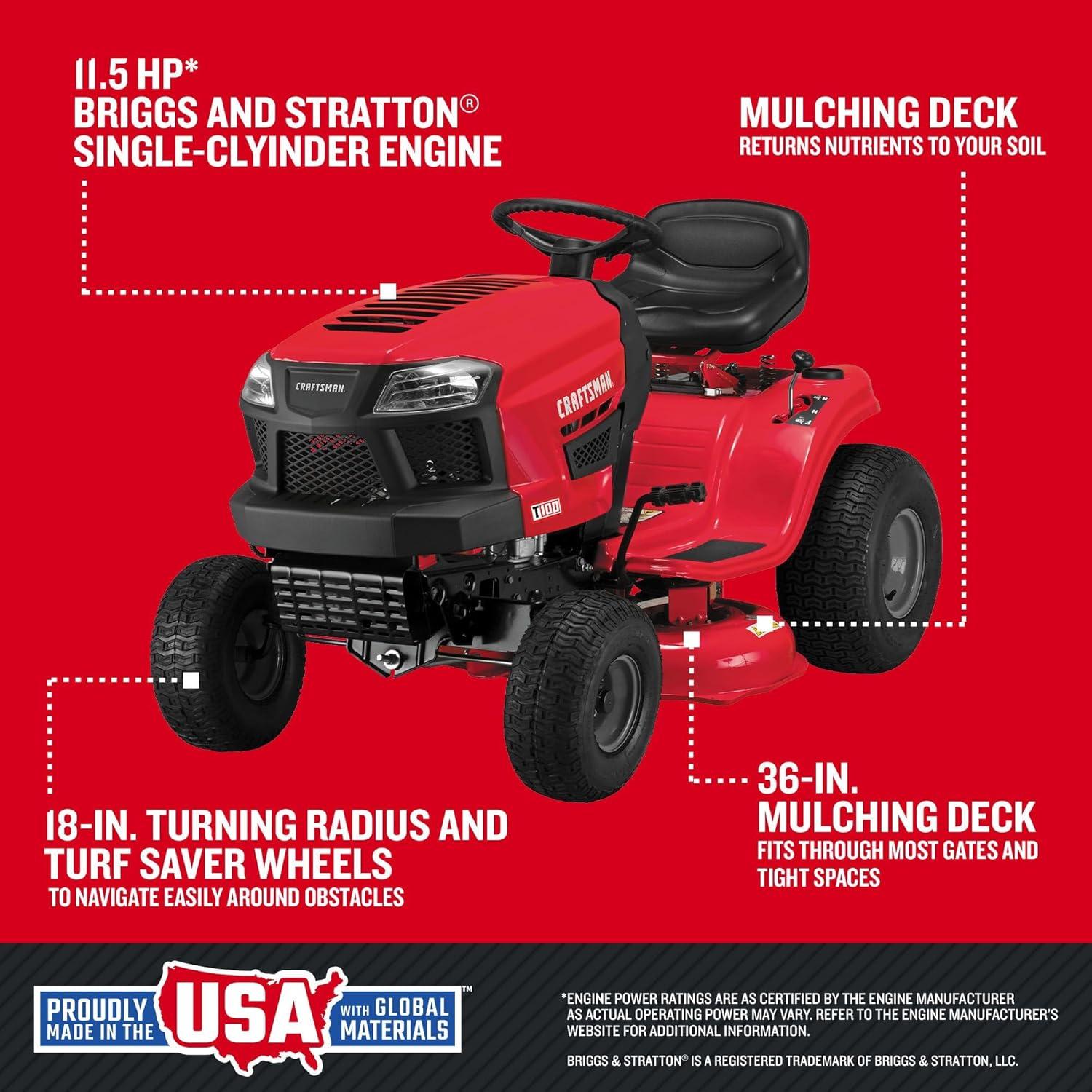 imageCRAFTSMAN 36 Gas Riding Lawn Mower with 115 HP Briggs and Stratton SingleCylinder Engine Gas Lawn Tractor with 7Speed Transmission RedBlack 13AC77XYA9336 Deck Size