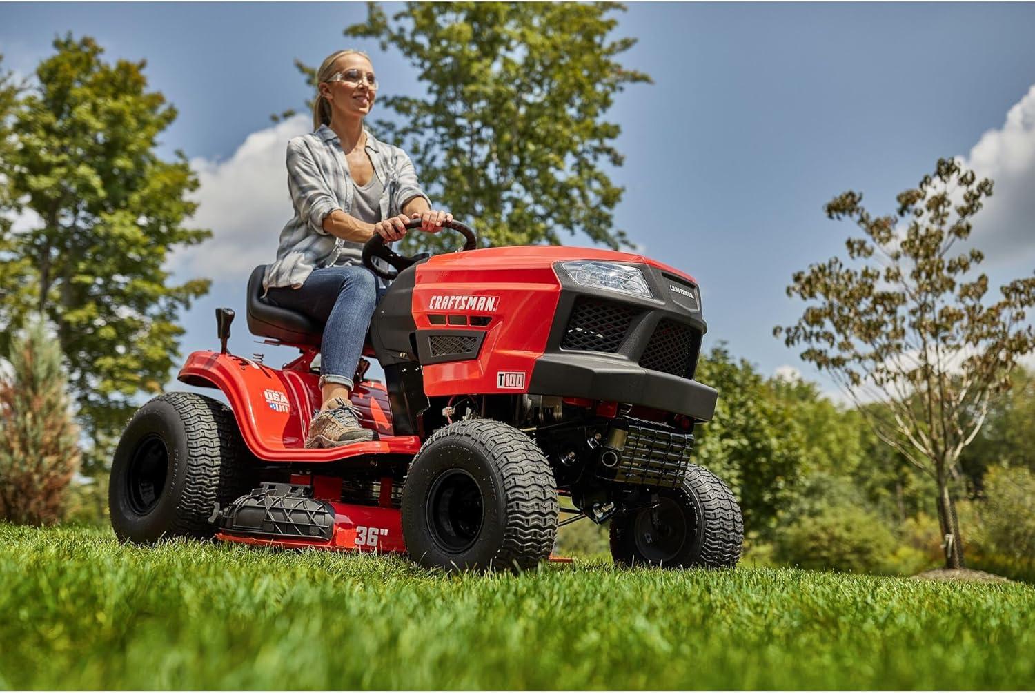 imageCRAFTSMAN 36 Gas Riding Lawn Mower with 115 HP Briggs and Stratton SingleCylinder Engine Gas Lawn Tractor with 7Speed Transmission RedBlack 13AC77XYA9336 Deck Size