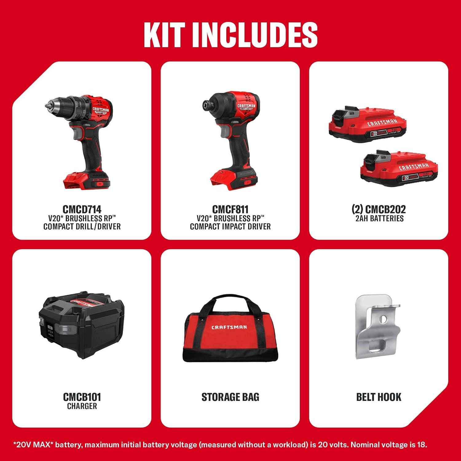 imageCRAFTSMAN V20 Brushless RP Compact 2 Tool Combo Kit With 2 2ah Battery