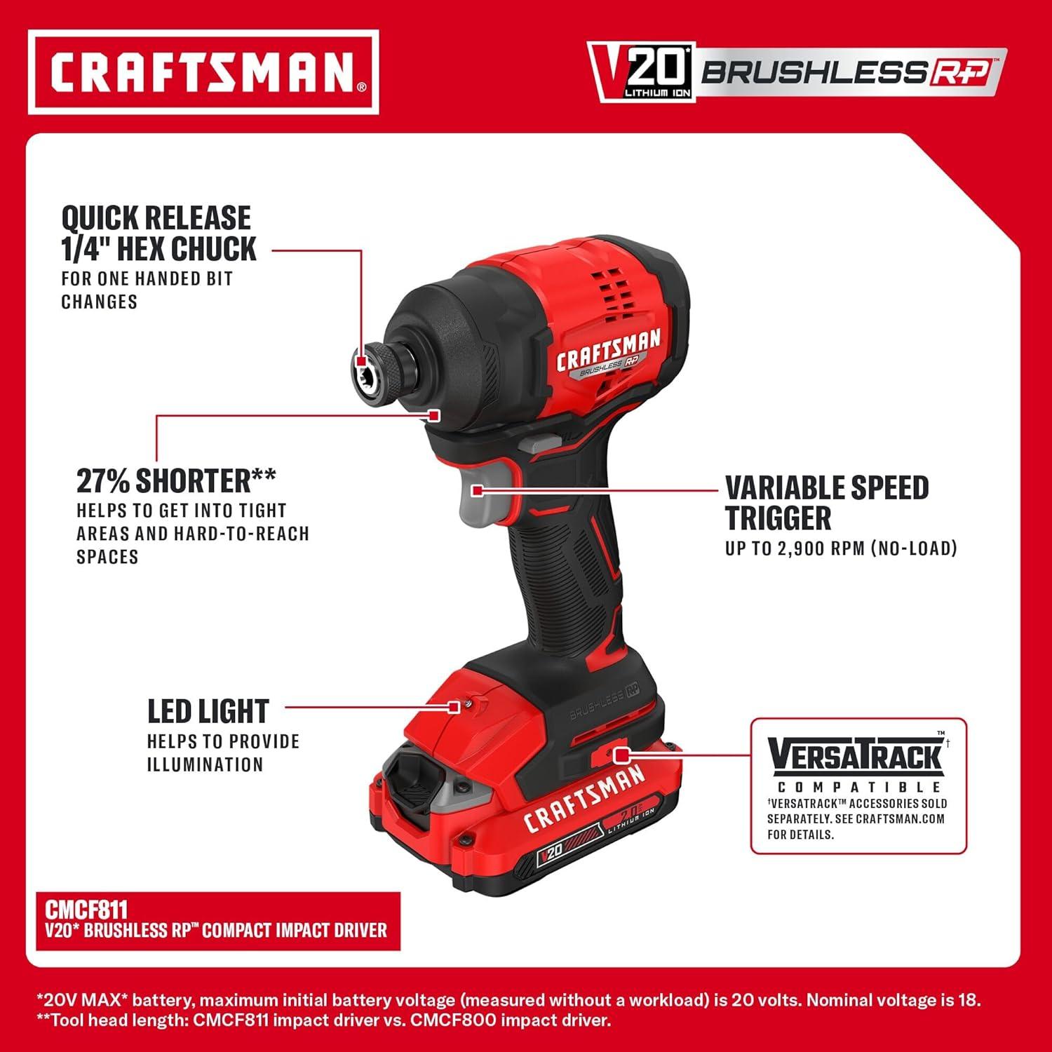 imageCRAFTSMAN V20 Brushless RP Compact 2 Tool Combo Kit With 2 2ah Battery