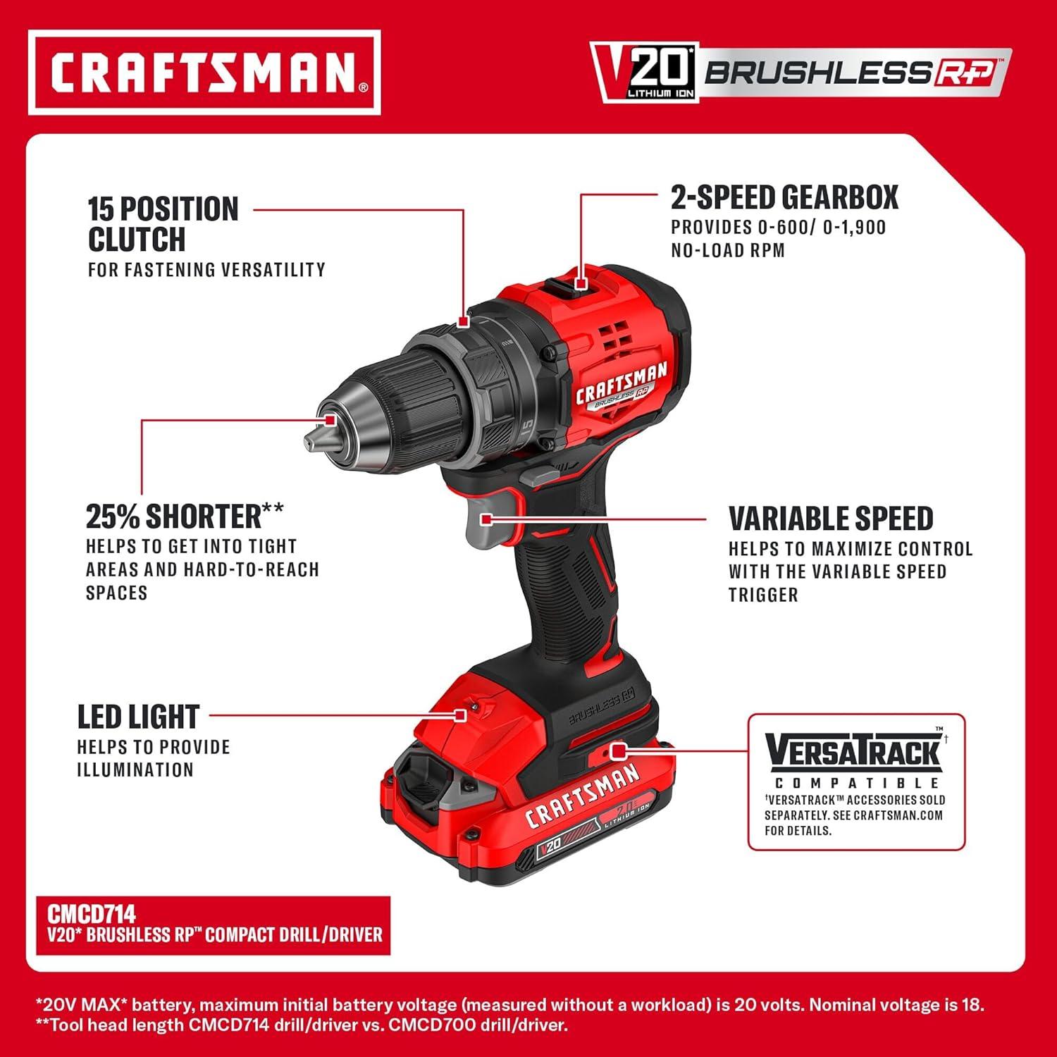 imageCRAFTSMAN V20 Brushless RP Compact 2 Tool Combo Kit With 2 2ah Battery